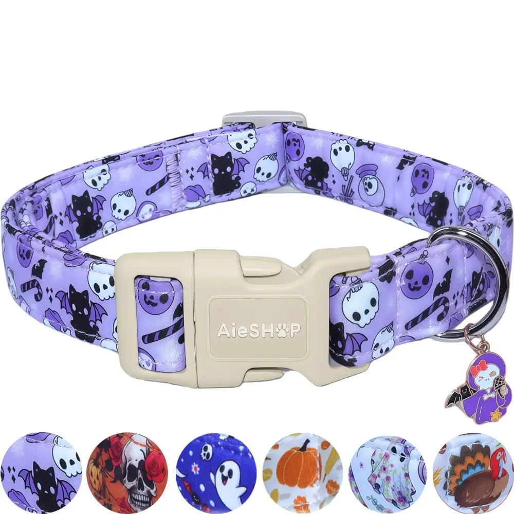 Halloween-themed dog collar printed with skulls and black cats, soft and wear-resistant cotton neck band, quick-release adjustable pet collar, Adjustable Collars, suitable for all sizes dogs, a Halloween gift for furry kids
