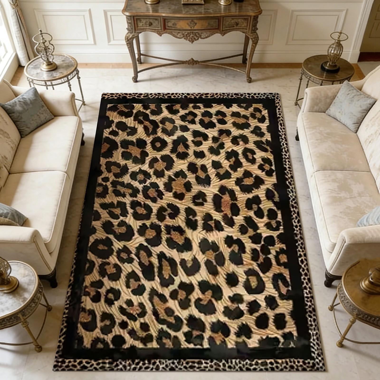 Vintage Leopard Print Rug, Luxurious Wild Style Home Carpet, Non-Slip Floor Mat for Living Room Bedroom, Durable Easy Clean