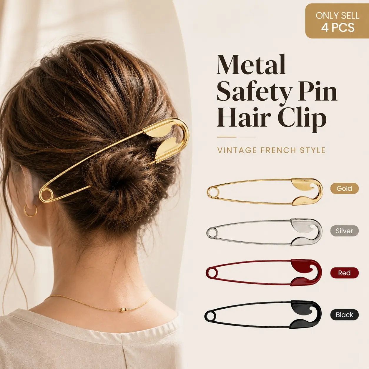 4 PCS Metal Safety Pin Hair Clip, Minimalist French Style Hair Pins for Messy Buns and Updos, Suitable for Thick Hair, Daily Styling and Parties