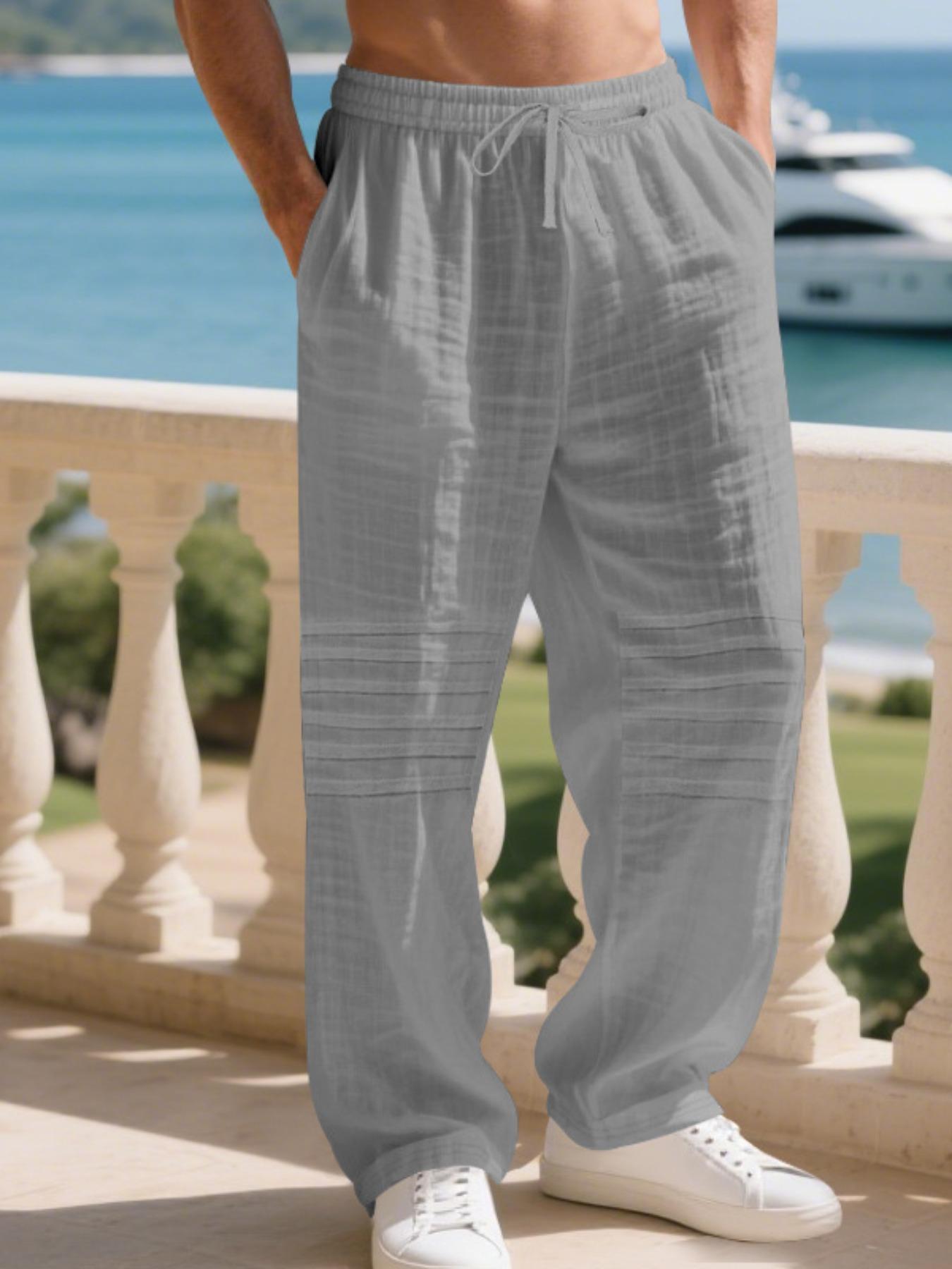 Men's American Style Loose Pleated Linen Pants, Casual Loose Fit with Pockets, Spring & Fall Beach Vacation Lightweight Long Pants