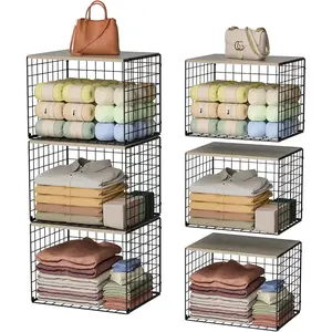 Extra-Long Closet Organizers and Storage with Top Board, 3 Pack Stackable Closet Shelf Organizer, Double Storage Design Clothes Storage Cube/Bin Organizer for Wardrobe,Space-Saving, Black,Sturdy,Metal