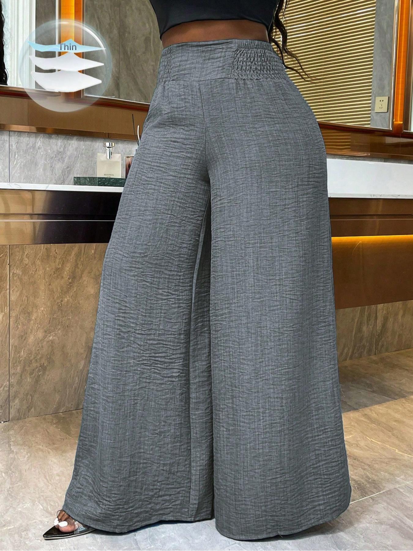 Plus Size Plain Shirred High Waist Wide Leg Fit Pants, Casual Comfy High Rise Palazzo Trousers for Daily Wear, Women's Bottoms for Summer