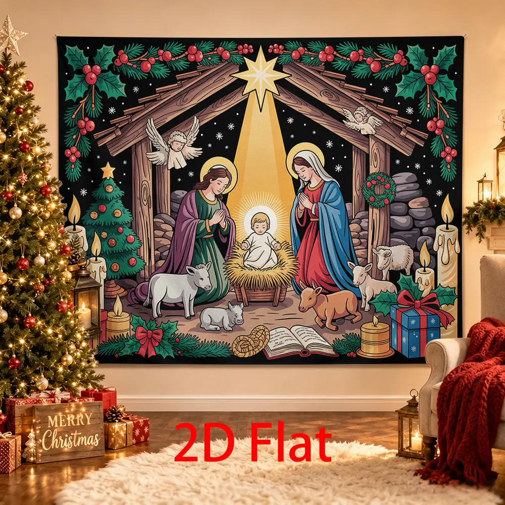 Christmas Nativity Manger Backdrop with Shining Star, Angels, Farm Animals, Tree and Candles for Church and Holiday Photos
