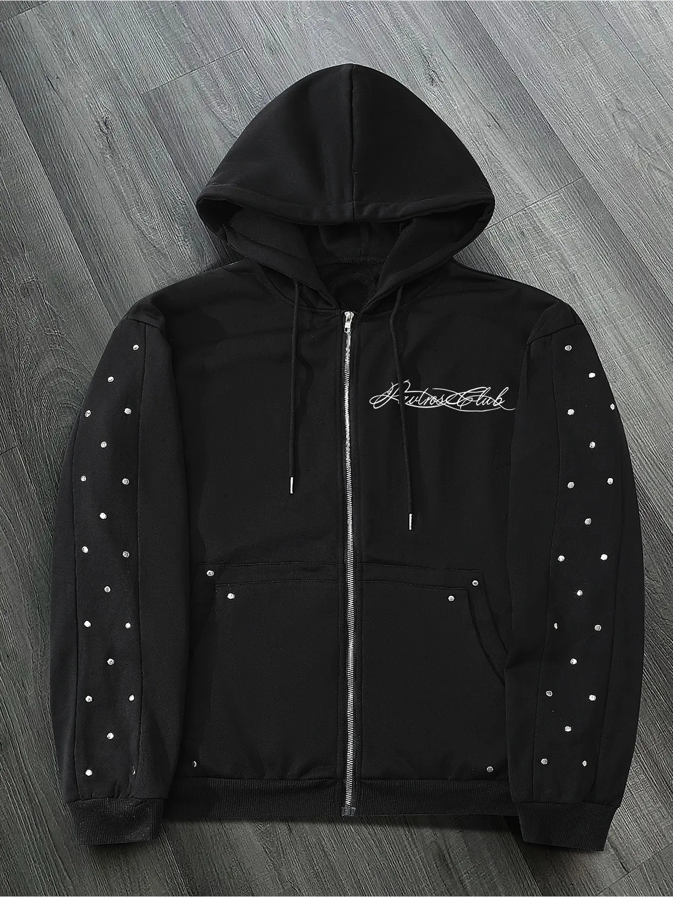 Men's Loose Drop Shoulder Full Zip Hooded Open Front Jacket, Y2K Aesthetic Hip Hop Style, Silver Color Rhinestones, Pavtros Club Print