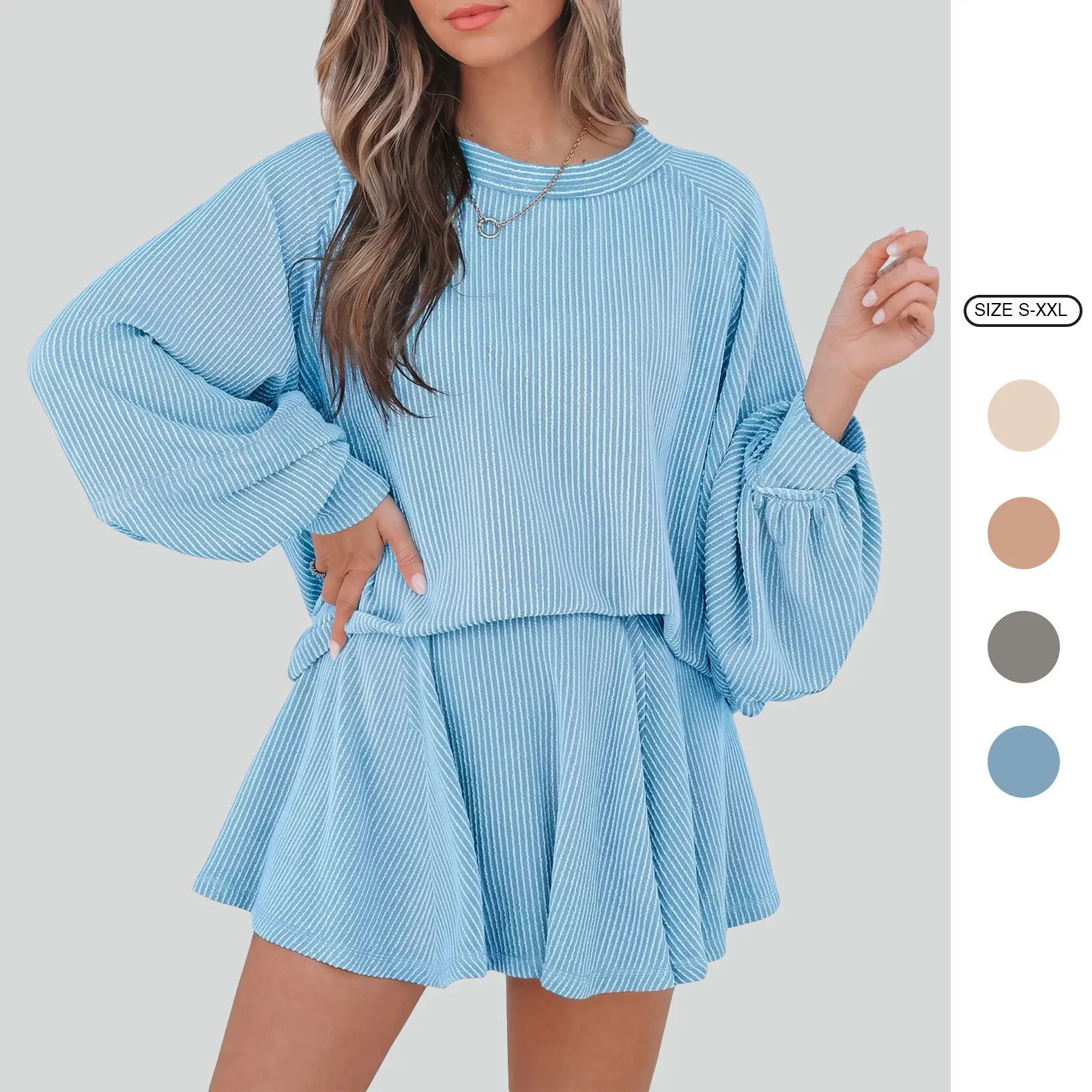 Imily Bela Women's Ribbed Crew Neck Balloon Sleeve Top & Skirt Set - Energetic Casual Two-Piece
