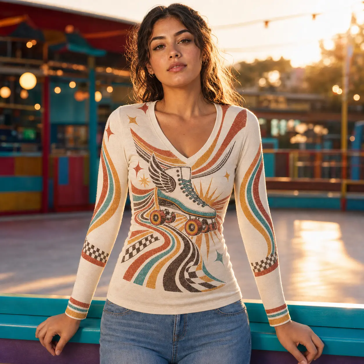 Women's Vintage Western Horse Graphic Long Sleeve Top, Cream V-Neck Slim Fit Shirt, Distressed Americana Rodeo Print Tee, Retro Cowgirl Casual Streetwear Going Out Top for Women, Spring Fall Outfit, 140 GSM Milk Silk Fabric, Country Concert Outfit