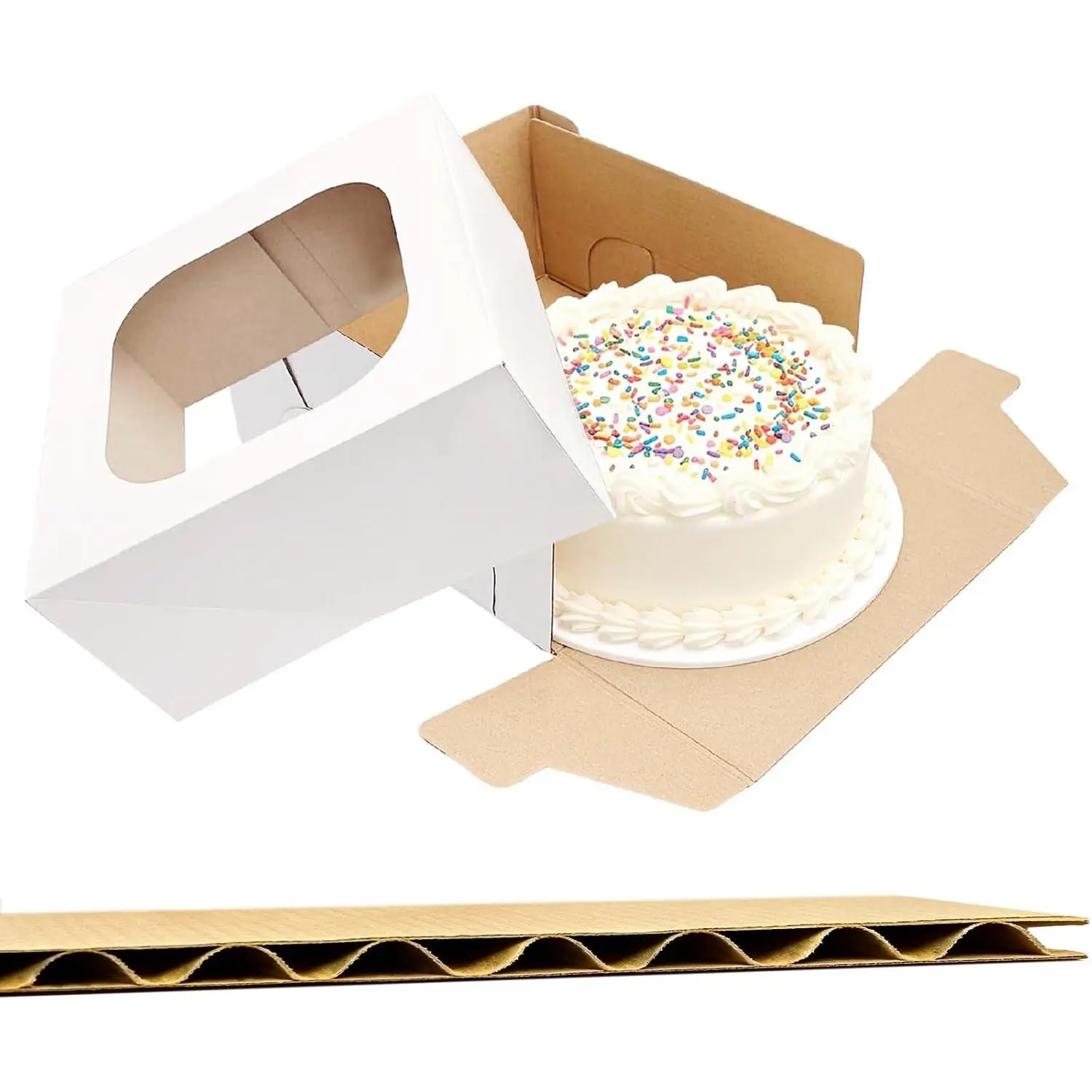 3 Pack Sturdy Corrugated Cake Boxes with Window, 10"x10"x5" | White Disposable Cake Containers with  for Bakery, Pastries, Cookies, Donuts, Halloween, Birthday Party, Mother's Day