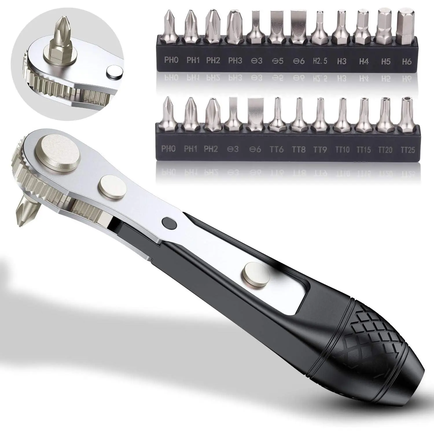 25in1 S2 Steel Mini Ratchet Wrench  Bit Set with 1/4" Hex Drive Phillips/Slotted/Hexagon/Torx Bits, 36- Gear,  Bit Holder, 90  Offset Reversible