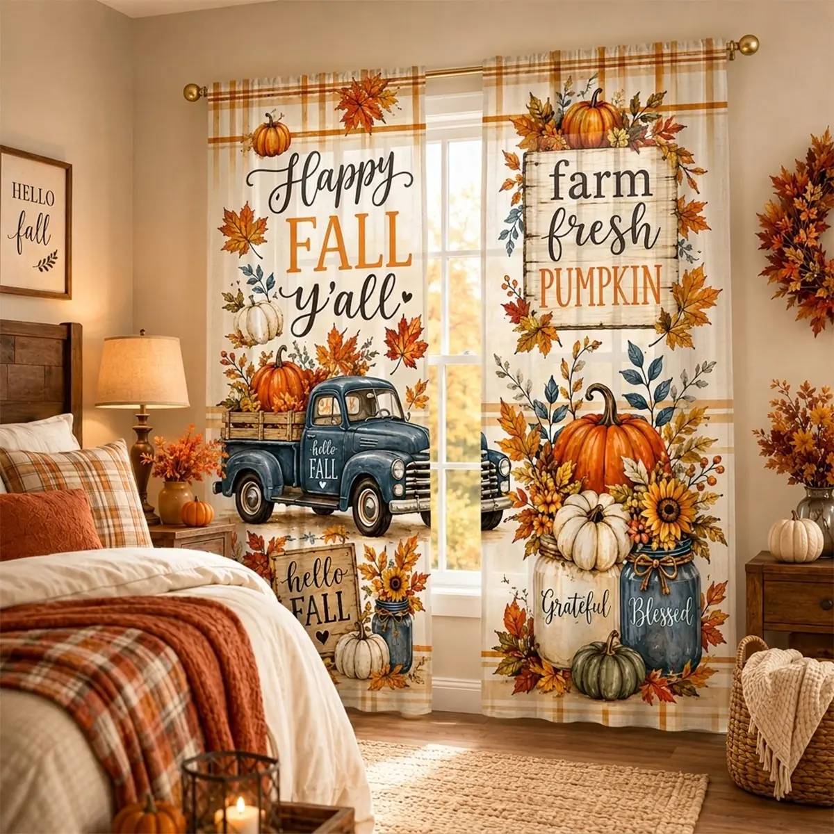 2-piece American retro autumn pumpkin truck curtain, autumn harvest maple leaf country style living room semi-blackout curtain, pocket rod installation, polyester material, suitable for living room, kitchen, bedroom, study, etc.