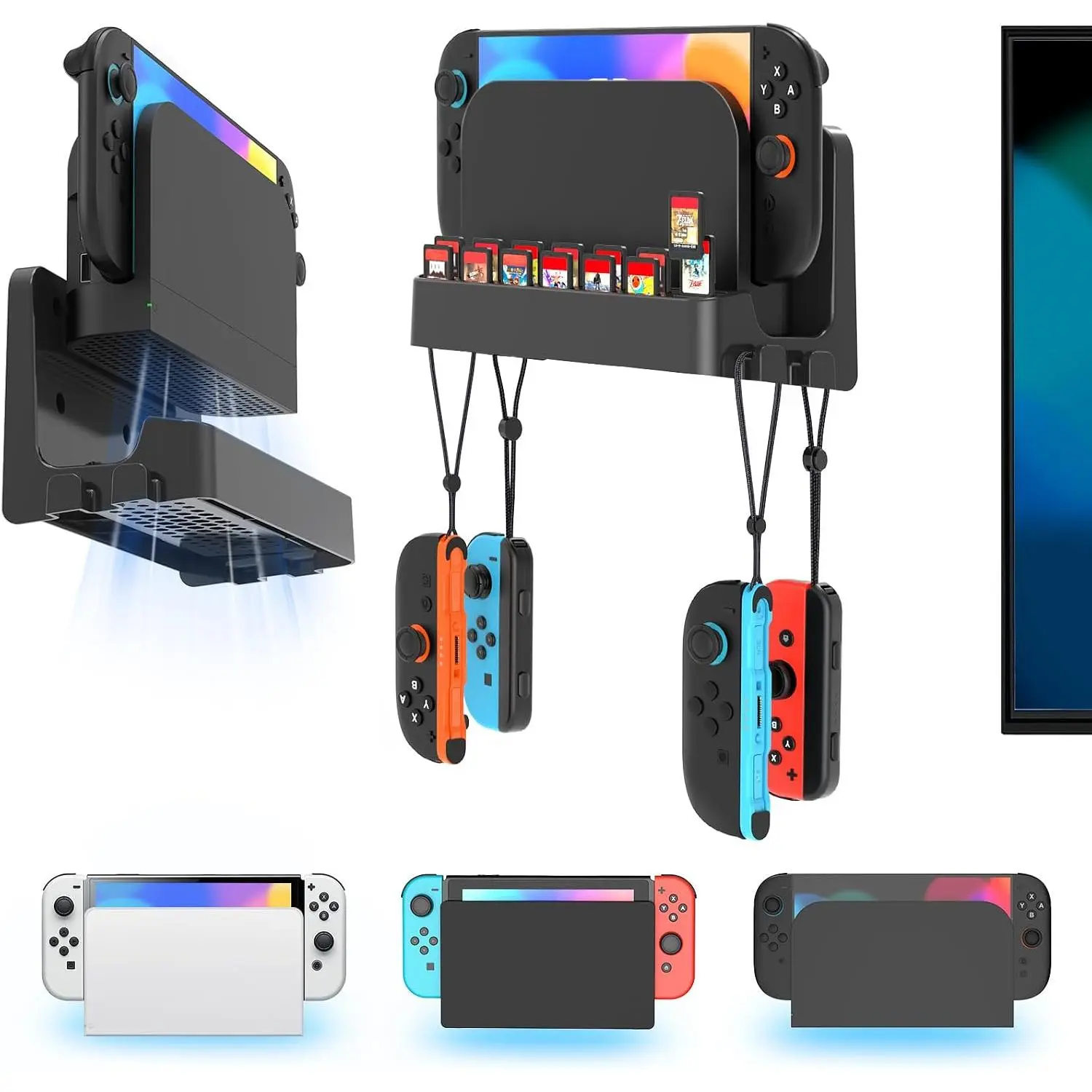 2/1 Wall Mount Kit for  2/ OLED/ Versions, Shelf Wall Holder Stand with Joycons Strap Hanger & 14  Slots Rack for S  TV Dock Console, Display Bracket Behind TV