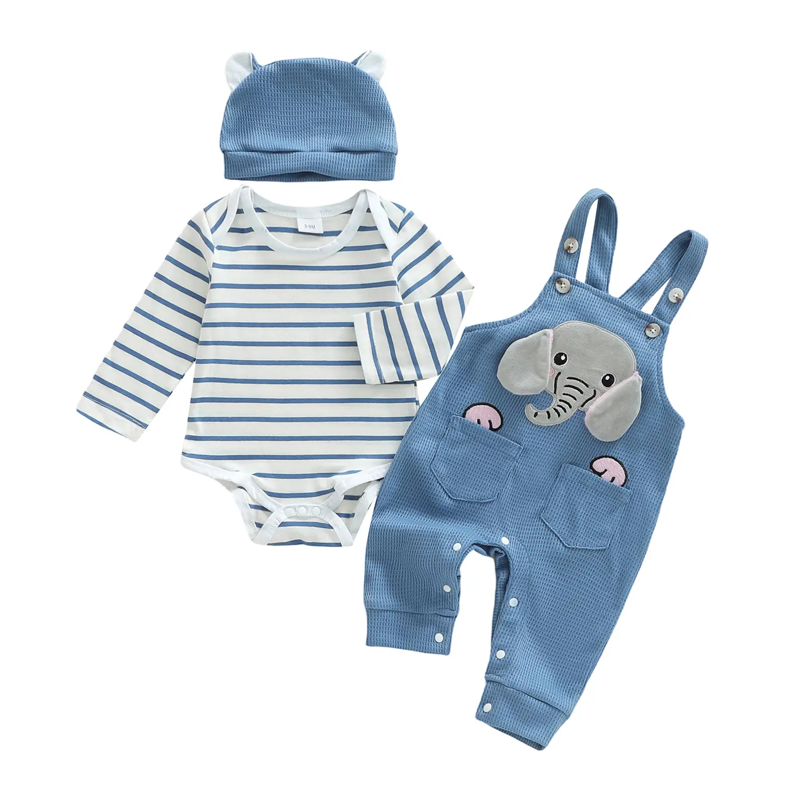 Newborn Baby Boy 3Pcs Elephant Outfit Long Sleeve Striped Romper Bodysuit Waffle Knit Suspender Overalls Pants with Hat Fall Winter Clothes