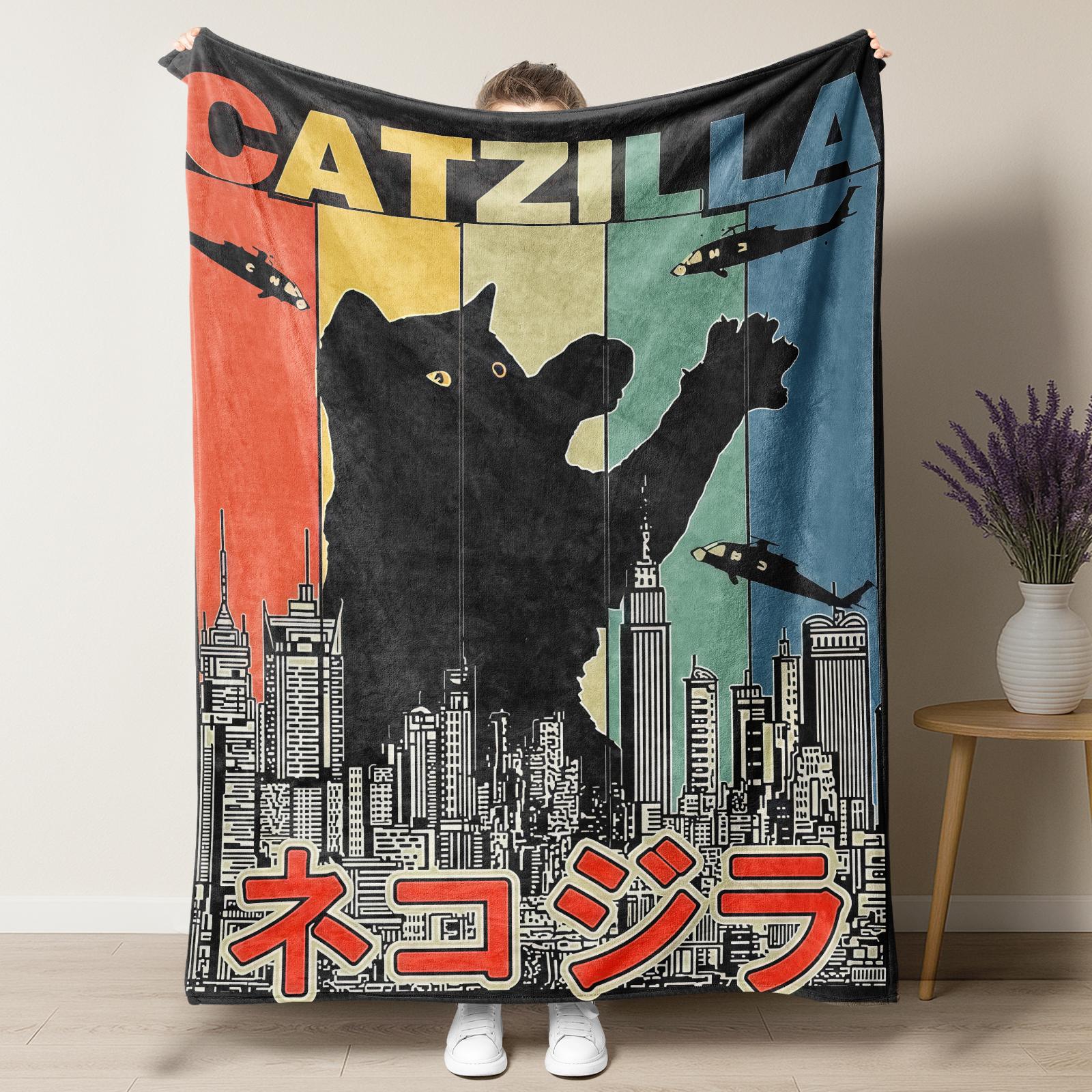 Pugzilla Catzilla "Godzilla" Meme Flannel Blanket,Viral Must-Have Retro Kaiju Monster Pug Throw Blanket,Super Soft Cozy Blanket for Pug Lovers,Trendy Retro Movie Themed Home Decor