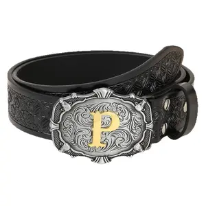 Retro Western Belt with Two-Tone Letter P Buckle & Tooled Floral Pattern Elastic Cincher Golden Design