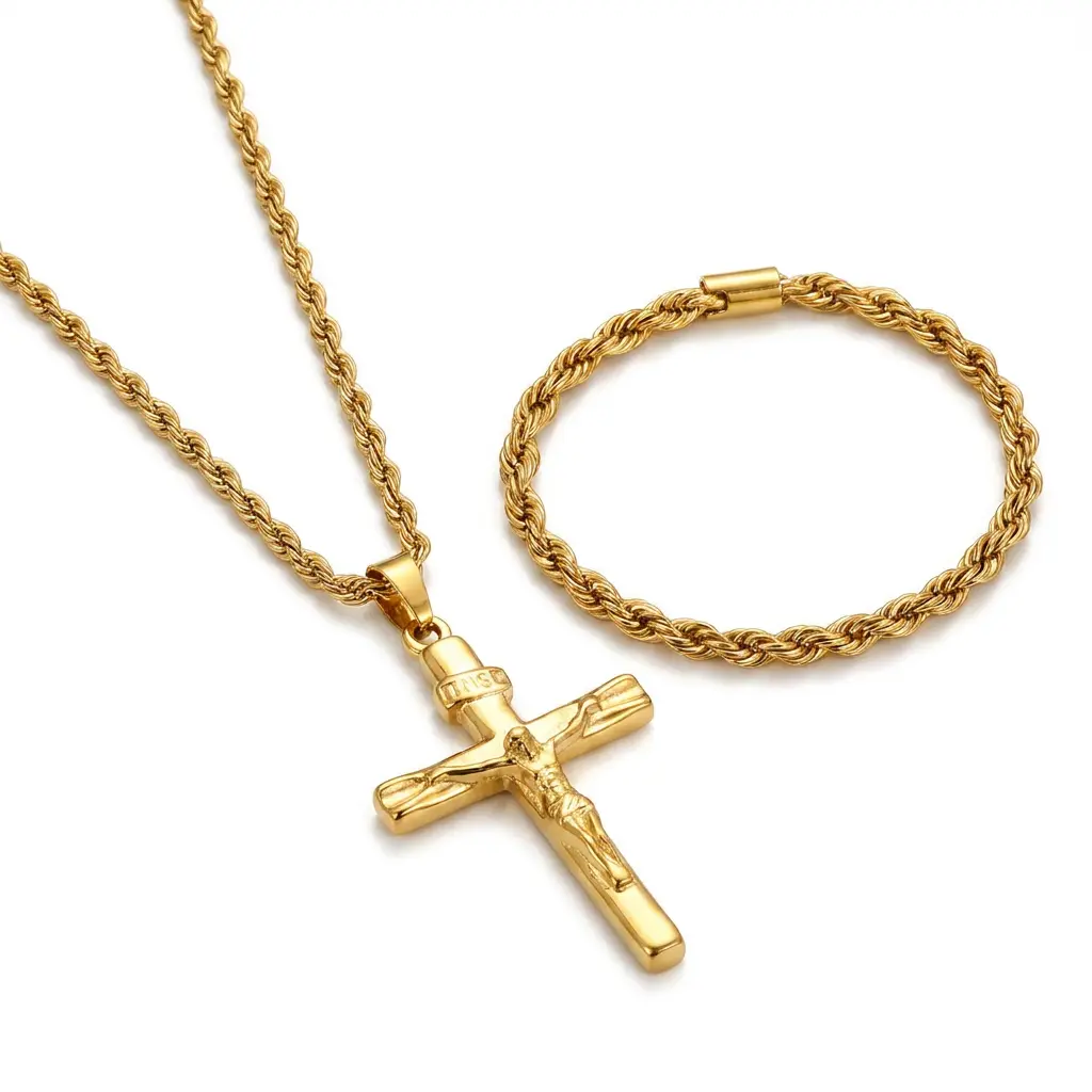 Men Retro Warm Tone Twisted Rope Chain Cross Pendant Necklace Matching Bracelet 2-Piece Jewelry Set for Birthday Holiday Gifting Daily Outfit Matching