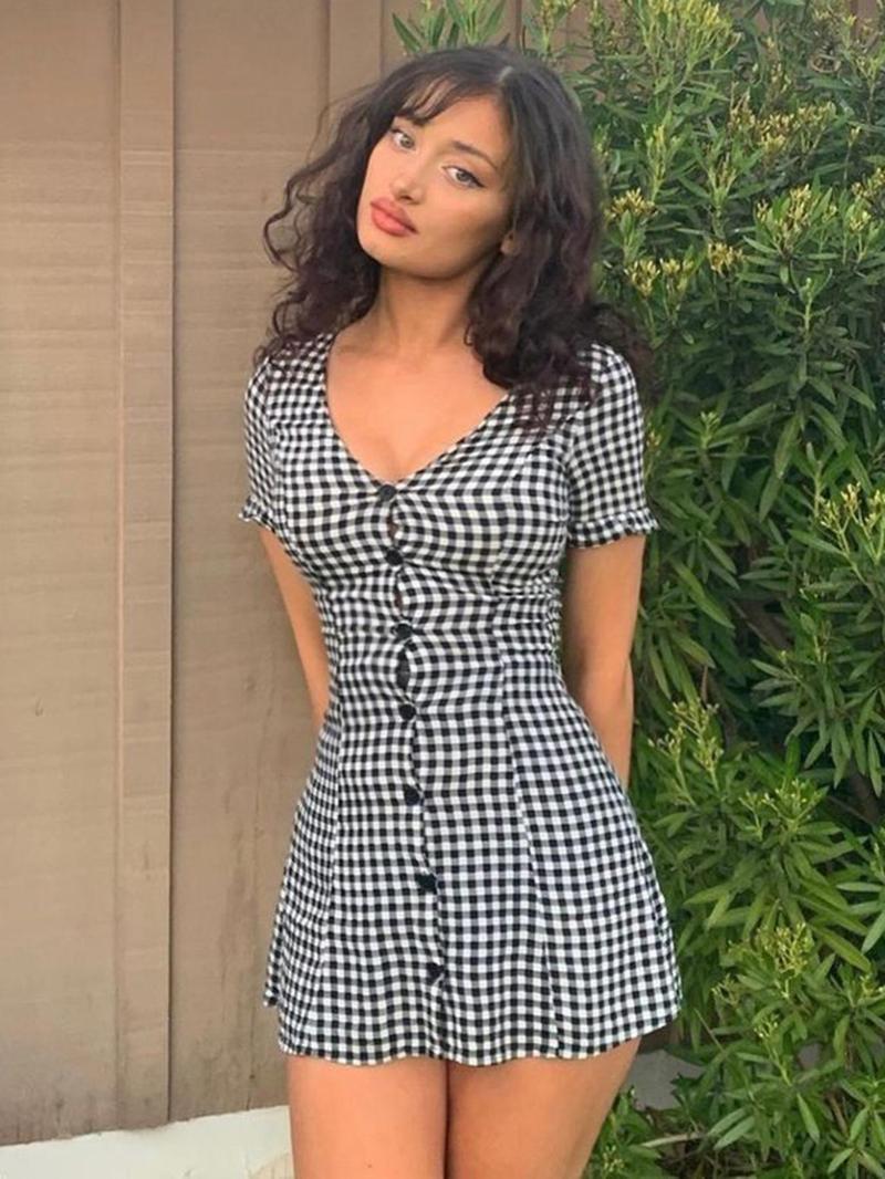 Women's Plaid Print Button Front V Neck A Line Dress, Elegant Fashion Casual Short Sleeve Dress for Daily Outdoor Wear, Summer Dresses for Women