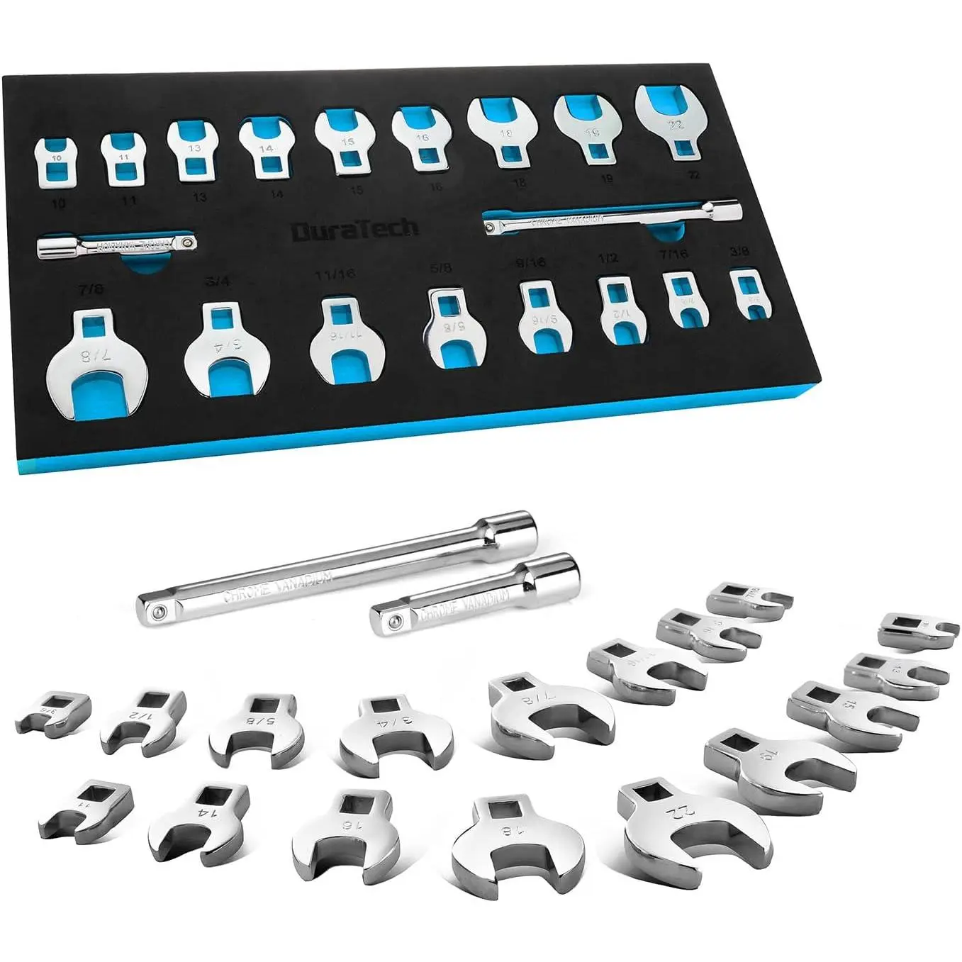 19-Piece Crowfoot Wrench Set, 3/8-Inch Drive Flare Nut Wrenches in SAE & Metric, CR-V Steel Kit with 2 Extension Bars & EVA Foam Organizer, Wrenching