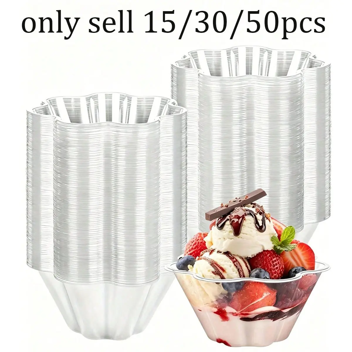 15/30/50pcs Transparent Floral 8oz Plastic Dessert Cups, Reusable Ice Cream Bowls, Party Ice Cream Cups, Pudding Salad Cups, Clear Dessert Cups