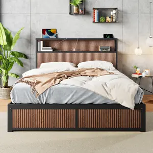 Aobtkel®Large raised-pattern storage bed frame, wooden platform bed frame with multiple drawer storage function, bedside socket, brown wood (Queen)