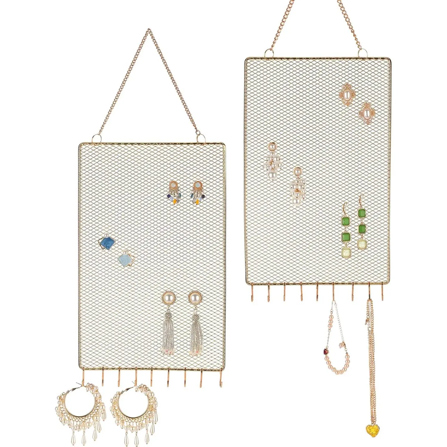 2 Pack Earring Holder Wall Mounted Hanging Jewelry Organizer Display Decorative Metal Diamond Shape with Hooks for Necklaces Bracelets (Gold)