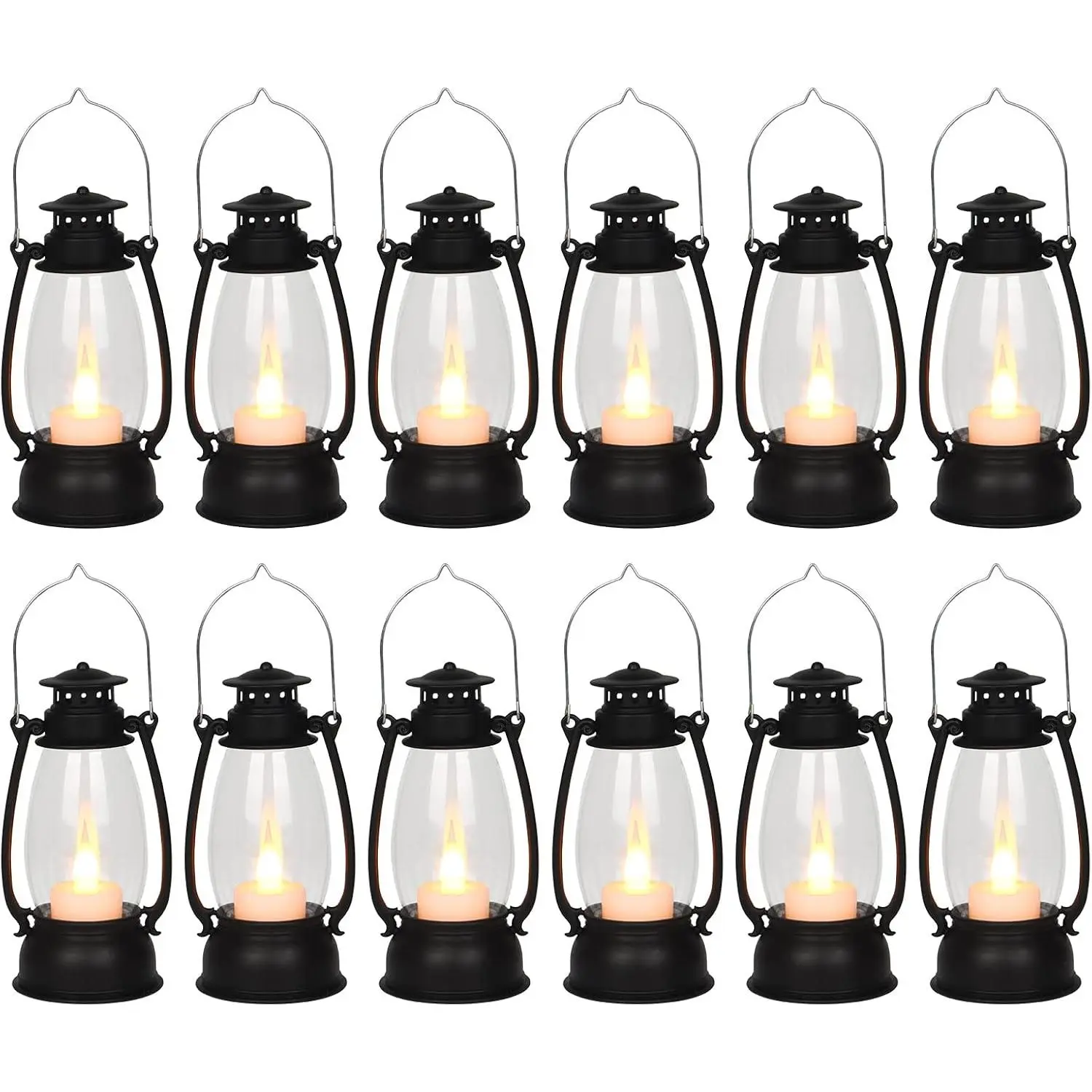12 count Mini Lantern for Cowboy Halloween Christmas Wedding, Black 6" Candle Lantern with Flickering LED for Camping  Party Decorations, Table Centerpiece,  Lamp Ornaments Bulk