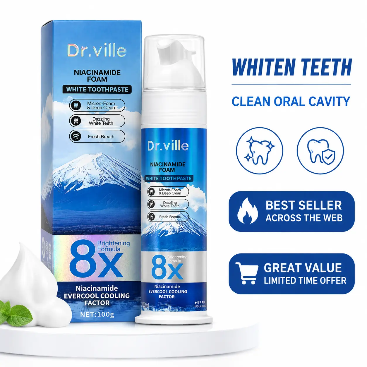 Dr.ville 8X Niacinamide Foam Toothpaste - Single Item Daily Dental Care with Evercool Cooling Factor, Anti-Yellowing, Stain Removal, Breath Neutralizing, Anti-Tooth Decay, 100ml, Teeth Whitening, Brightening, Adults, Fresh Breath, 100G, Anti-Cavity