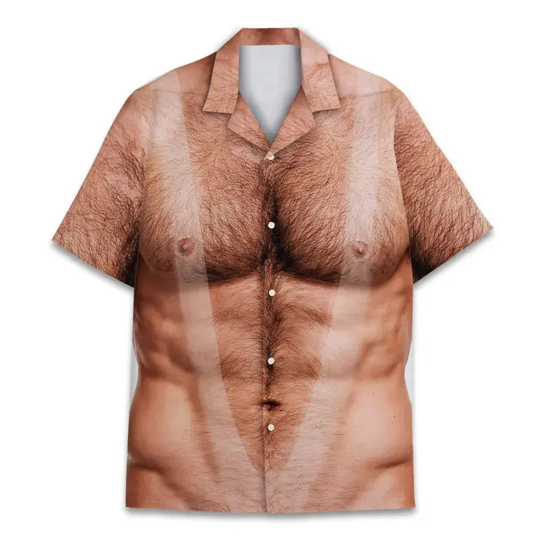 Funny Muscle Chest Hawaiian Shirt for Men, Fake Abs Aloha Shirt Button Up, Men's Summer Beach Party Shirt Button Down