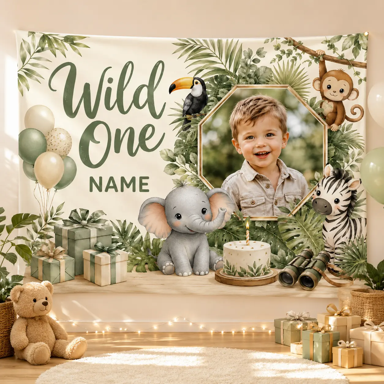 Customizable 1st First Birthday Photo Backdrop - Personalized with Custom Image & Name, Neutral Jungle Safari Animal Motifs, Baby Party Banner Photo Booth Decor (Festive & Party Supplies)