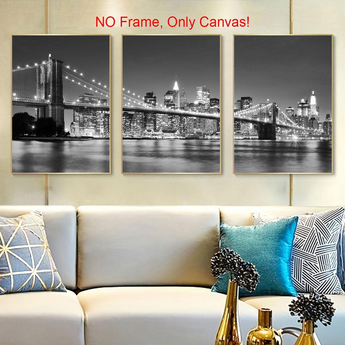 City Night Bridge Pattern Canvas Poster Cityscape Print without Frame, 3 Counts/set Architecture Themed Wall Art Wall Decor for Home Living Room Bedroom Office Wall Art Decoration