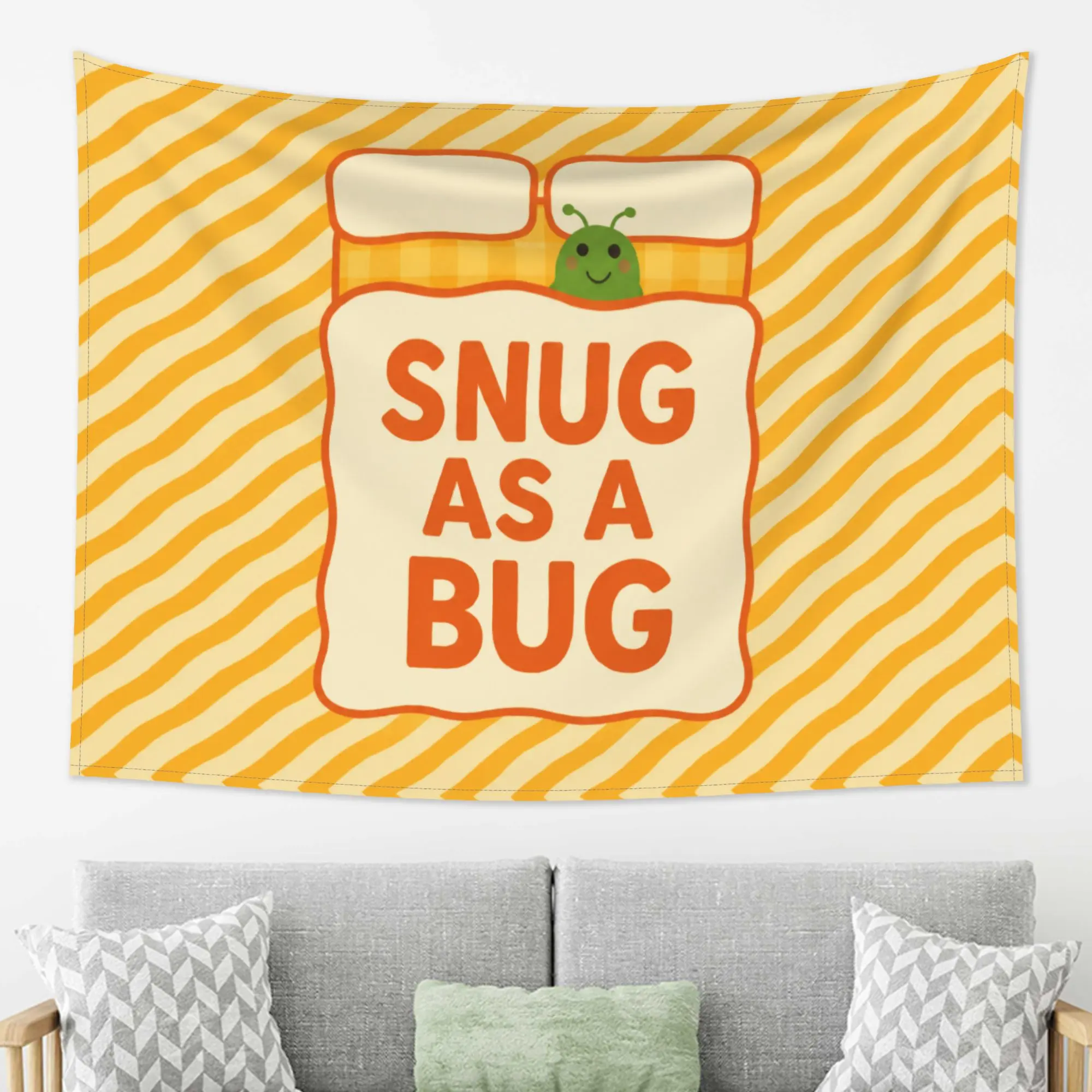 Snug as a Bug Green Caterpillar Wall Tapestry - Cute Bed Illustration Art, Yellow Wavy Stripes Background, Hippie UV Fabric Poster for Bedroom, Nursery Decor Hanging Backdrop tapestry bedroom decor stuff for your room cheap