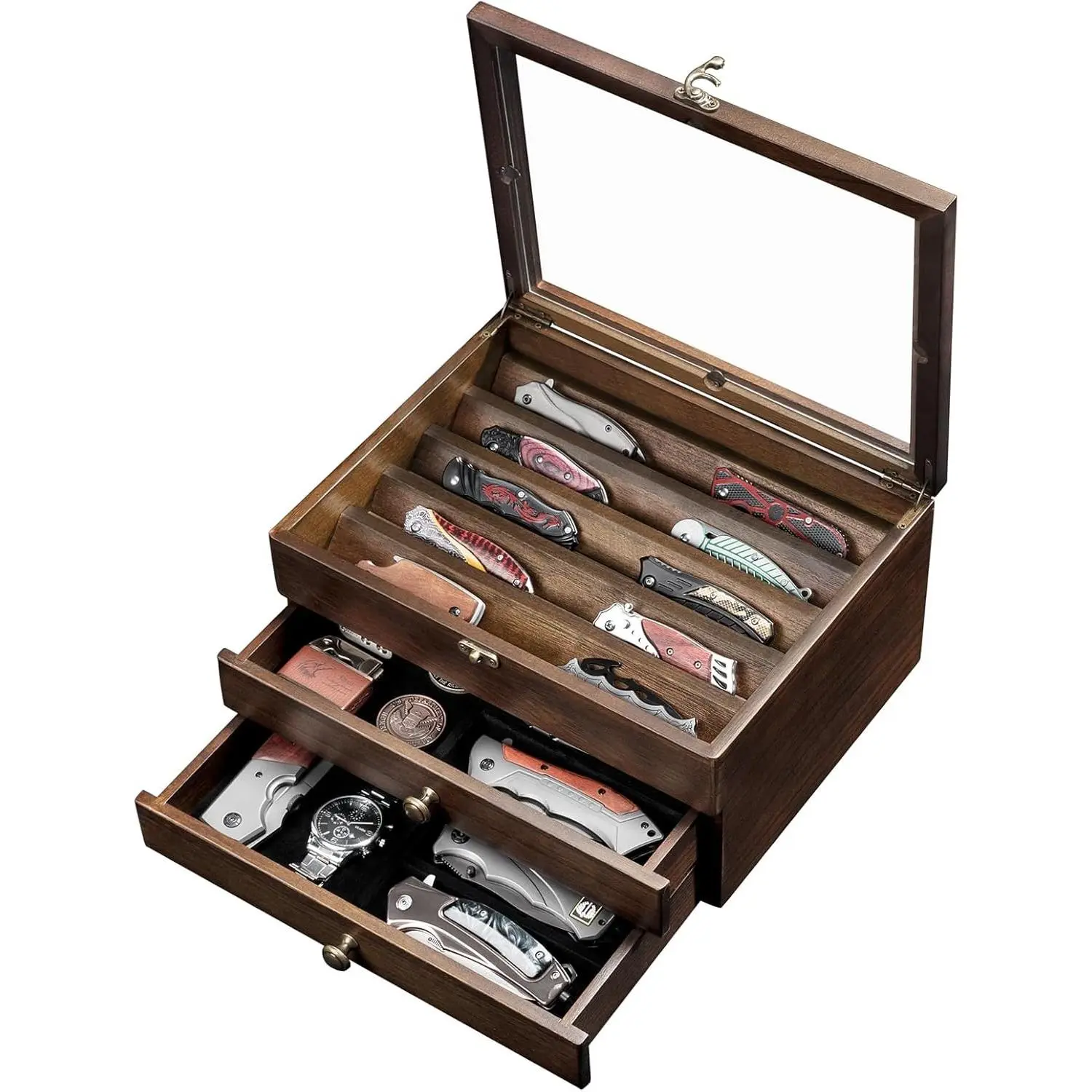 Knife Display Case, Knife Collection Display Holder with Glass Lid, 3-Layer Wooden Pocket Knife Case with Drawers (Walnut)