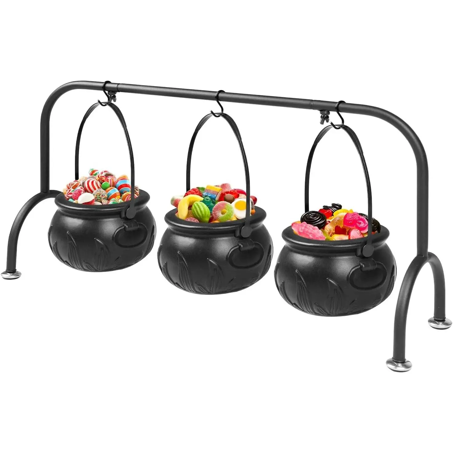 Kendane Halloween Decorations Indoor,Set of 3 Witches Cauldron Candy Serving Bowls on Rack, Party Decorations,Black Plastic Candy Cauldron for Table Decor,Halloween Candy for Kids