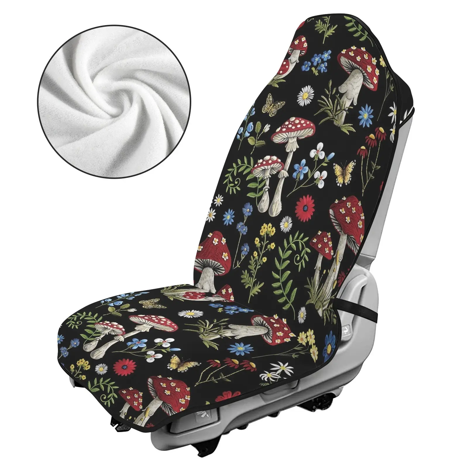 Universal Front Car Seat Covers, Terry Towel Auto Seat Covers, Breathable Sports Seat Covers, Sweat-Absorbent Wearproof Car Seat Protector, Vintage Cottagecore Mushroom Print Anti-Slip Washable Seat Cover, Forest Style Car Interior Decor & Holiday Gift