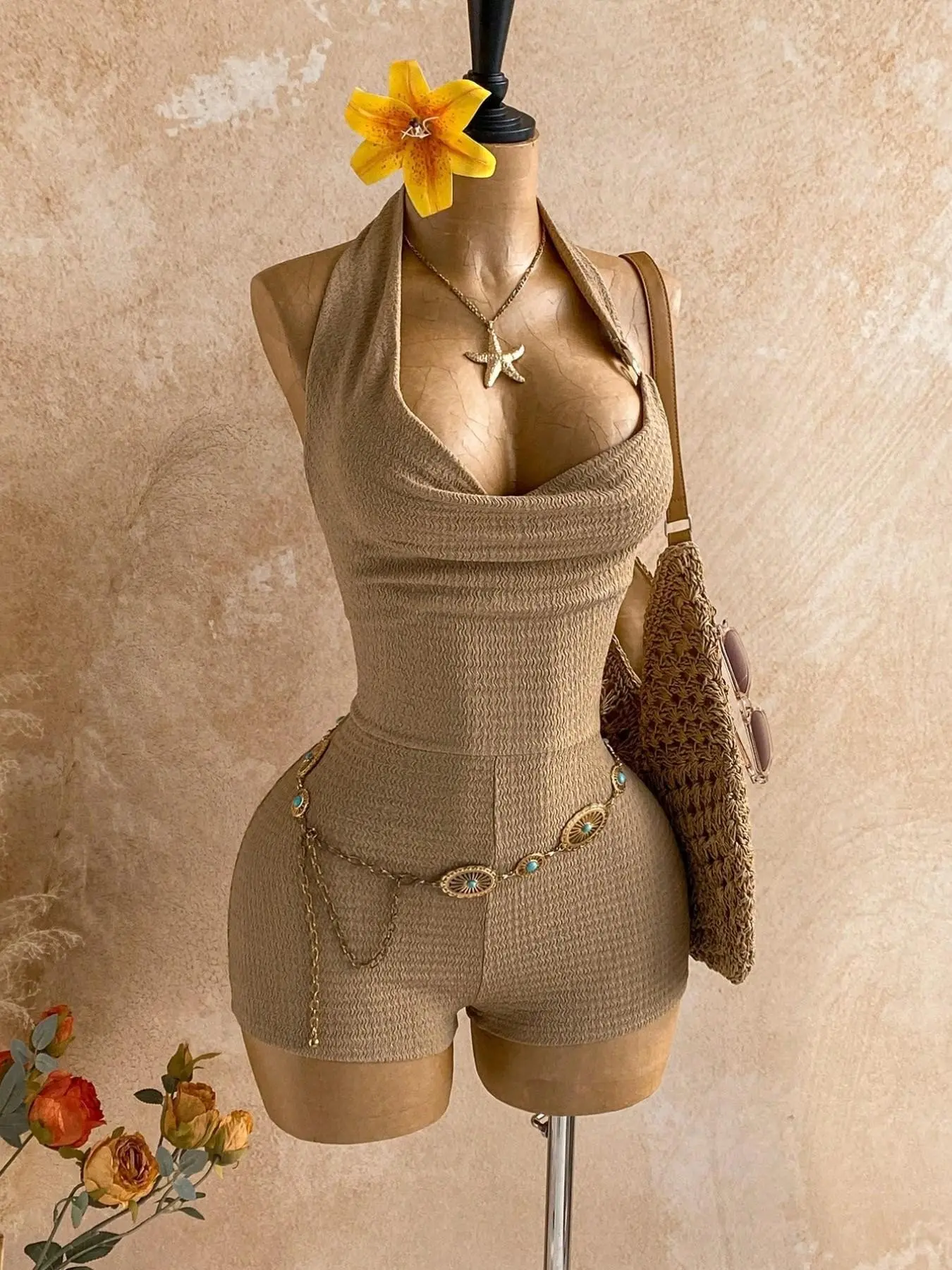 Summer Halter Cowl Neck Short Jumpsuit Textured Solid Khaki Slim Fit Fabric Beachwear For Beach Vacation Pool Brunch Outdoor Sightseeing Tropical Trips For Young Women