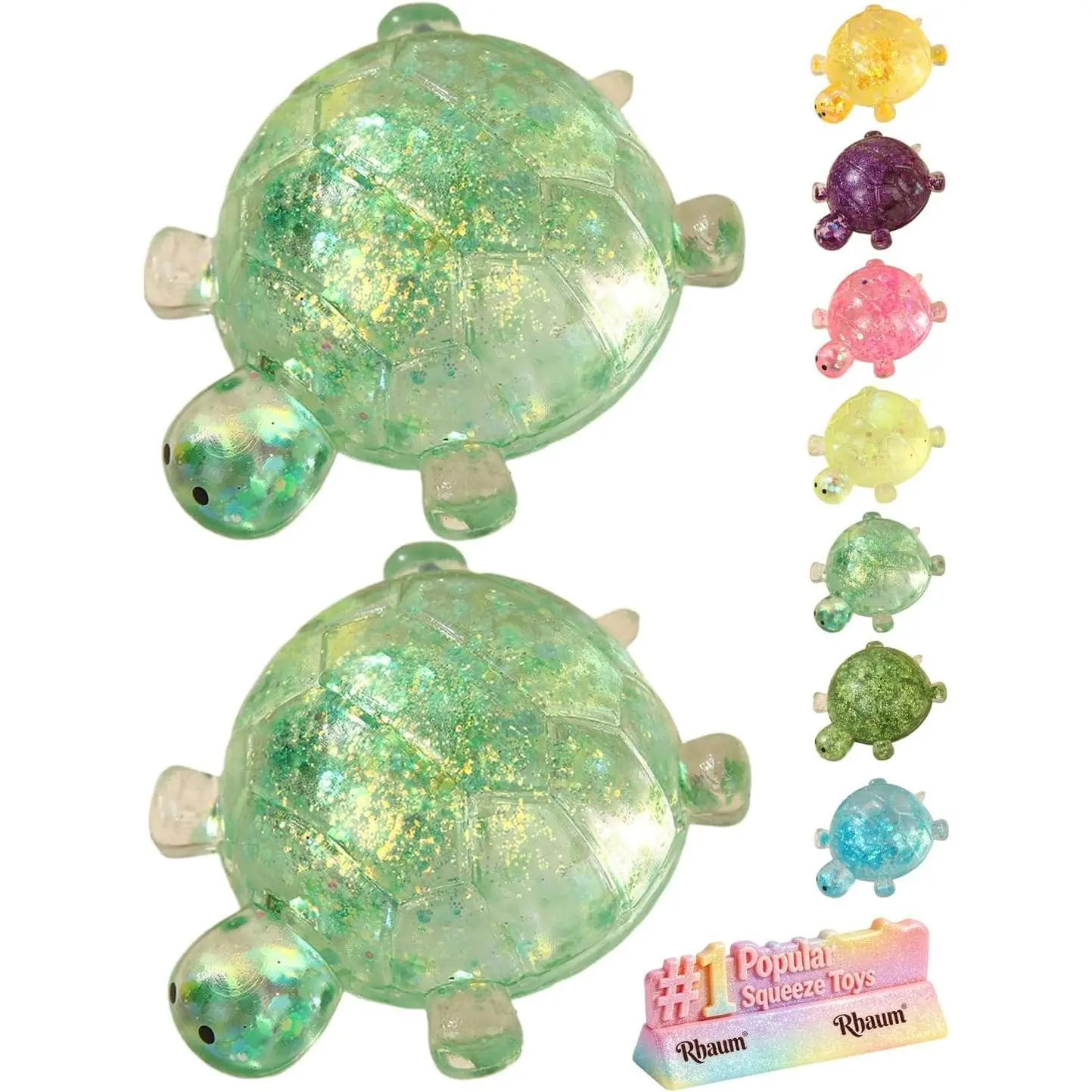 2-Pack LightGreen Glitter Turtle Slow Rising Stress Relief Squishy Toys - Soft, Transparent Shell, Malt Sugar Texture, Unisex Sensory Fidget Toys for 12+ Years, Cute Mini Birthday Party Favors Gifts, Slow Rising Stress Relief Toys