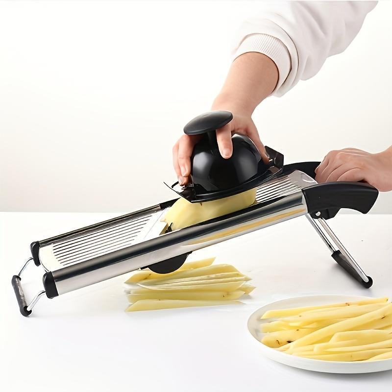 A Stainless Steel Vegetable And French Fry Slicer with Five Adjustable Blade Sizes, a Professional Mandoline Slicer, And an Onion Grater for Kitchen Additions