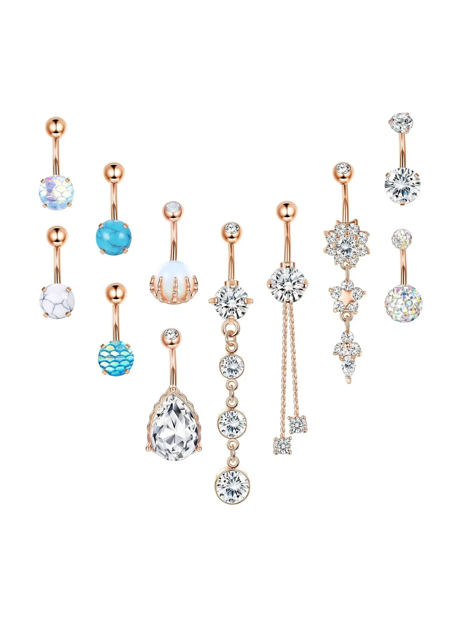 11 Pcs Multistyle Navel Piercing Jewelry Set Stainless Steel Piercing Rods for Women Newly Pierced Belly Holes Long Tassel Pendants Floral Drop CZ Belly Rings Rich Combinations Long-term Luster Unisex Elegant Style Exquisite Holiday Gifts