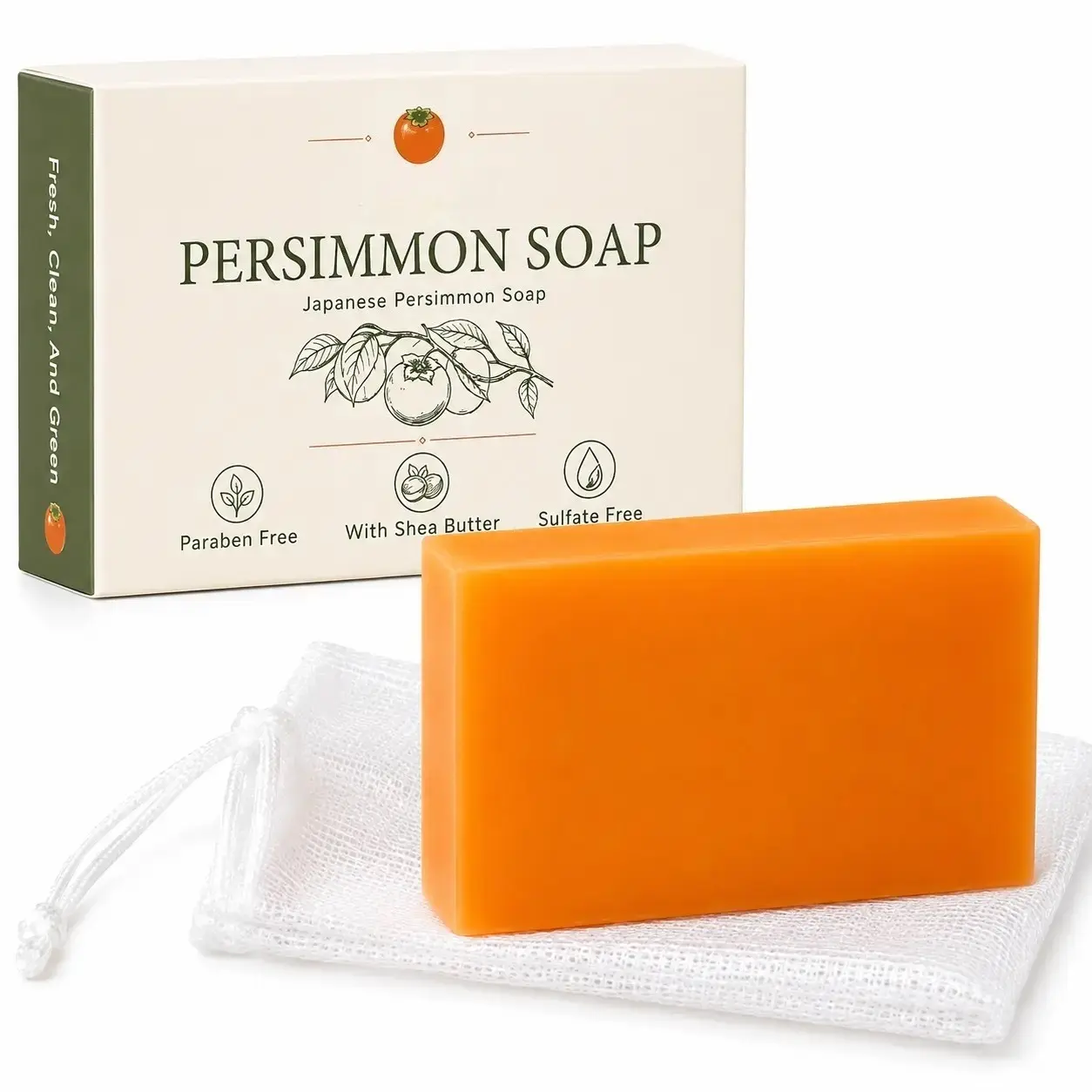 Persimmon Soap for Old People Smell - Japanese Persimmon & Green Tea Extract - Natural Deodorant Soap for Men & Women, Gentle on All Skin Types