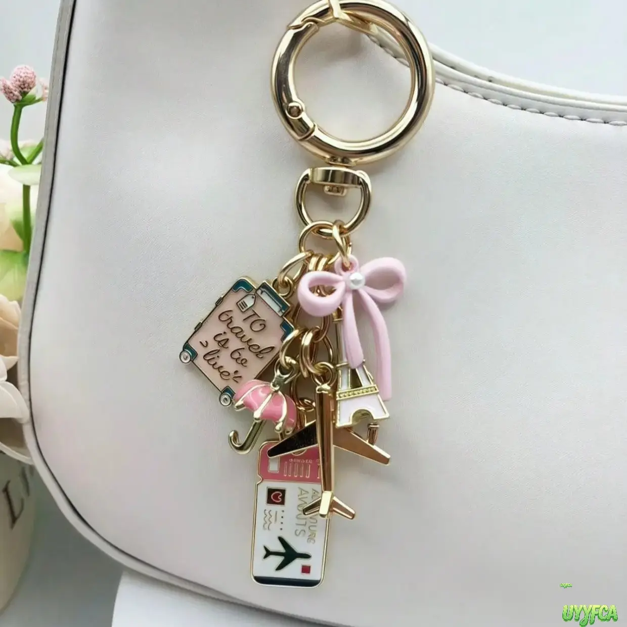 Cute Bow Travel Theme Alloy Keychain Bag Charm, Multi Pendant Key Ring With Eiffel Tower Airplane Luggage Ticket Umbrella Charms,Versatile Decor Ornament For Handbag Backpack Car Key Fob, Sweet Coquette Aesthetic Travel Souvenir Gift For Women Girls, Allo