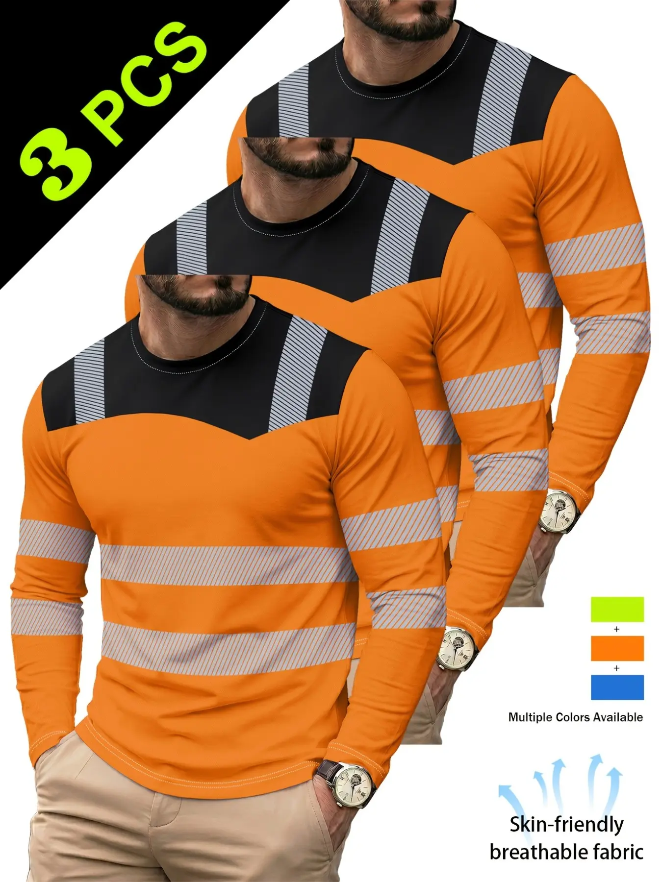 3PCS 3-Pack Men's Workwear Long Sleeve T-Shirts, Lightweight Work Clothes, Classic 3D Print, Casual Round Neck, Breathable Fabric, Outdoor Comfort, High Value