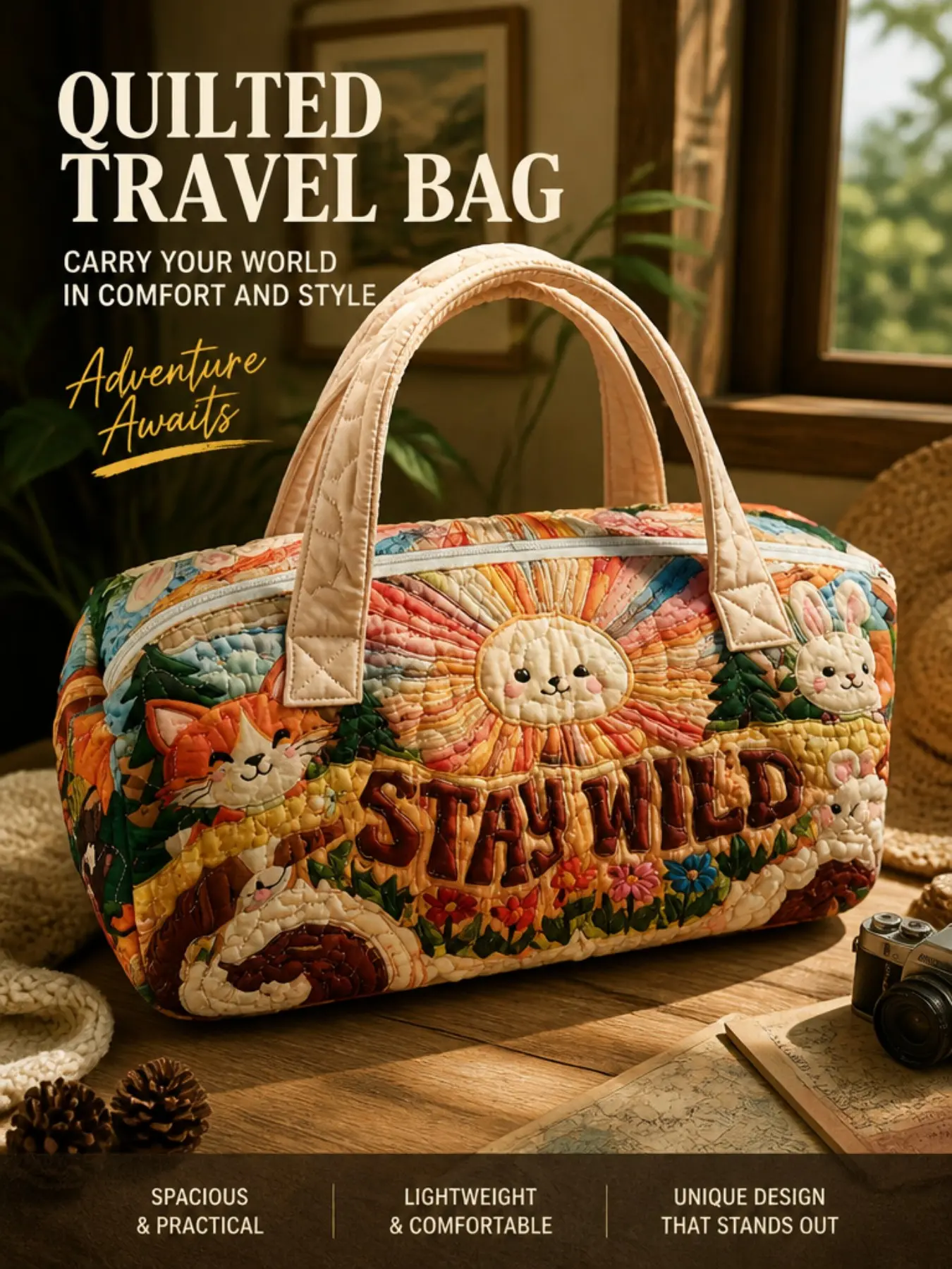 Crazy Zoo Print Quilted Handbag, Large Capacity Soft Quilted Weekend Travel Bag, Lightweight Overnight Fitness Luggage, Ideal for Outdoor Trips