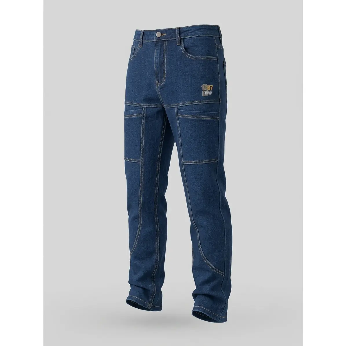 Designer Patch Detail Carpenter Slim Jeans, Mid Waist Dark Wash Utility Denim Pants With Stitch Panel Craft, Rugged Yet Slim Streetwear Jeans Perfect For Matching Tees, Jackets And Sneakers