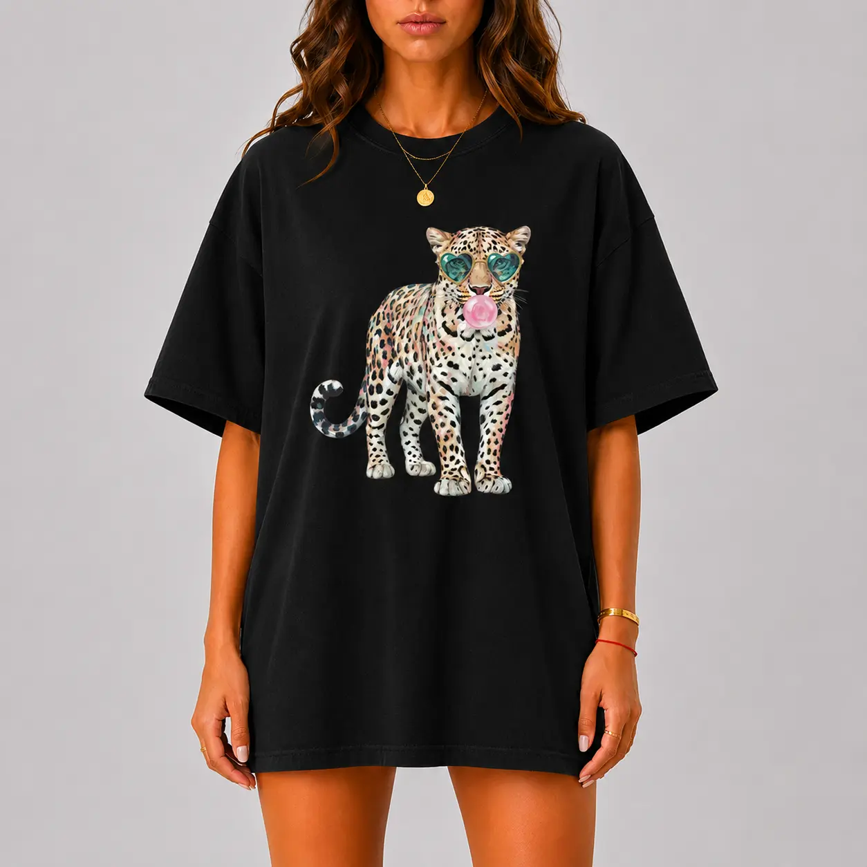 Women's Graphic T-Shirt with Cheetah & Sunglasses Print, Comfy 100% Cotton Fabric in a Casual Oversized Fit for Everyday Wear, Apparel, Loose, Sleeve, Soft, Unisex