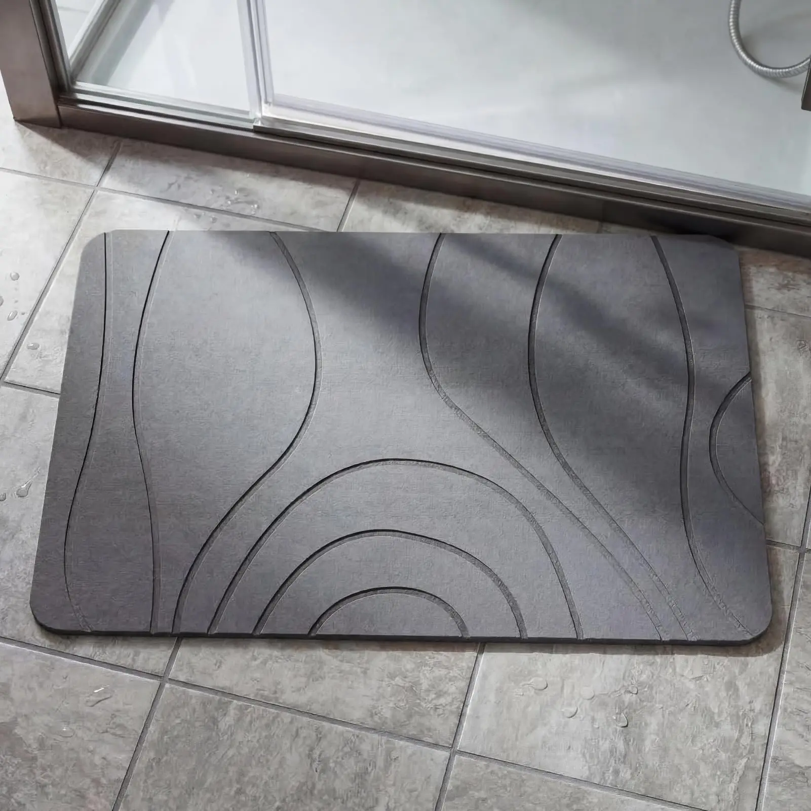GAOMON Diatomaceous Earth Bath Mat, 39x60cm, Quick-Dry Non-Slip Stone Surface, Highly Absorbent Hard Floor Rug, Abstract Wave Design, Spa Bathroom Bathtub Accessories (Illusion/Ripple Colors)