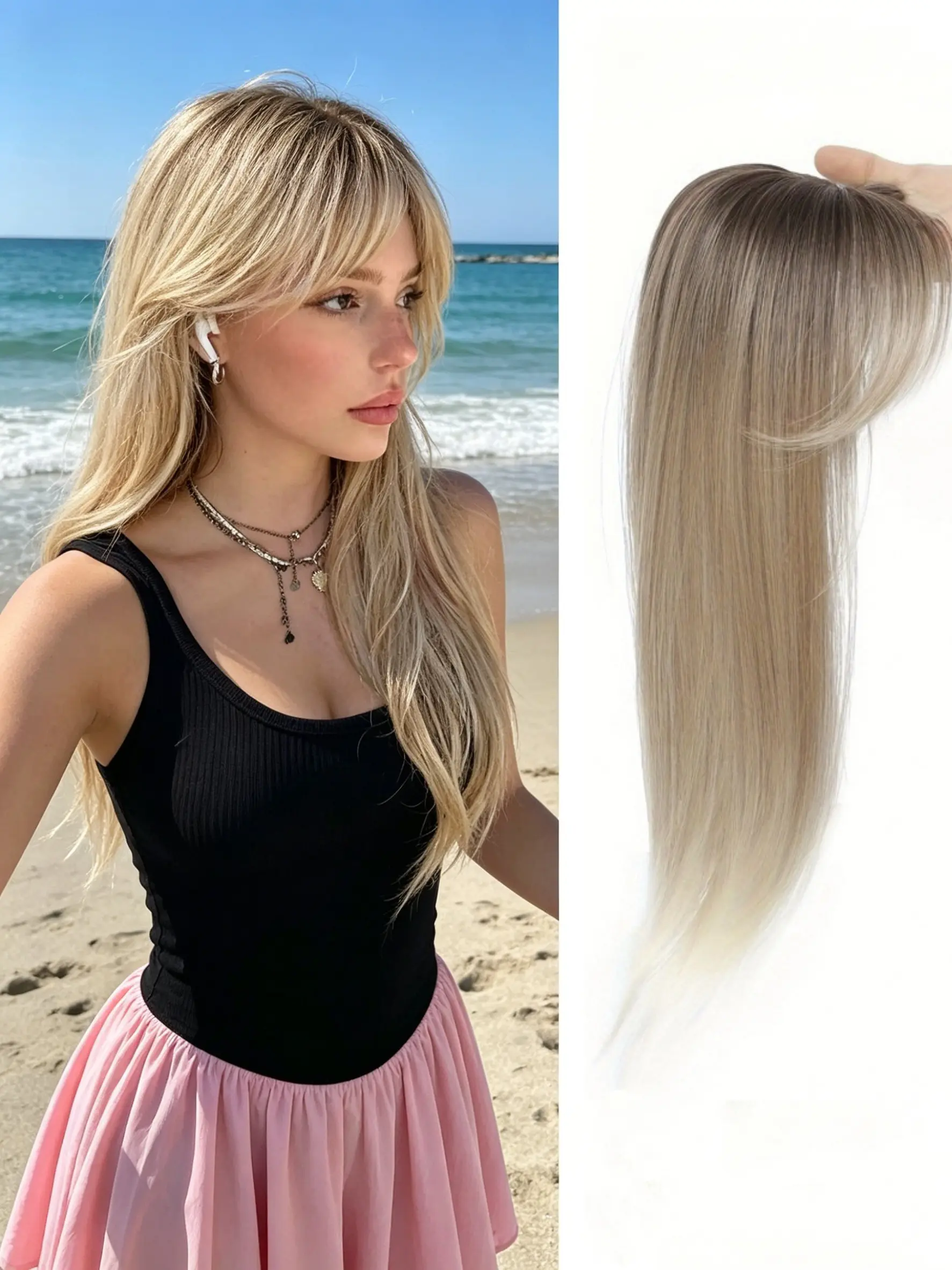 💛Silky Ombre Blonde Straight Clip-In Hair Topper with Curtain Bangs, Premium Kanekalon Synthetic Hair, Lifelike Texture Cover Bald Spots, Bring Full-Bodied Hairstyle For Daily & Party Occasions