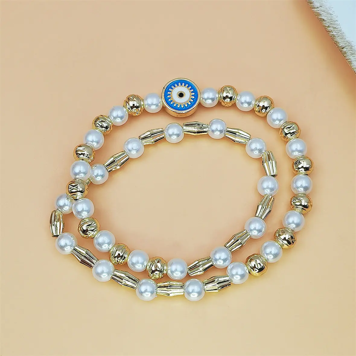 Women's Unisex Imitation Pearl Evil Eye Enamel Stretch Bracelet - Gold Textured Beads Elastic Wrist Bangle, Hawaiian Lucky Arm Candy Costume Jewelry, Evil Eye Graphic Bracelets & Bangles for Daily Wear, Lucky Beaded Jewelry, Yes, Elegant, Enamel Beads