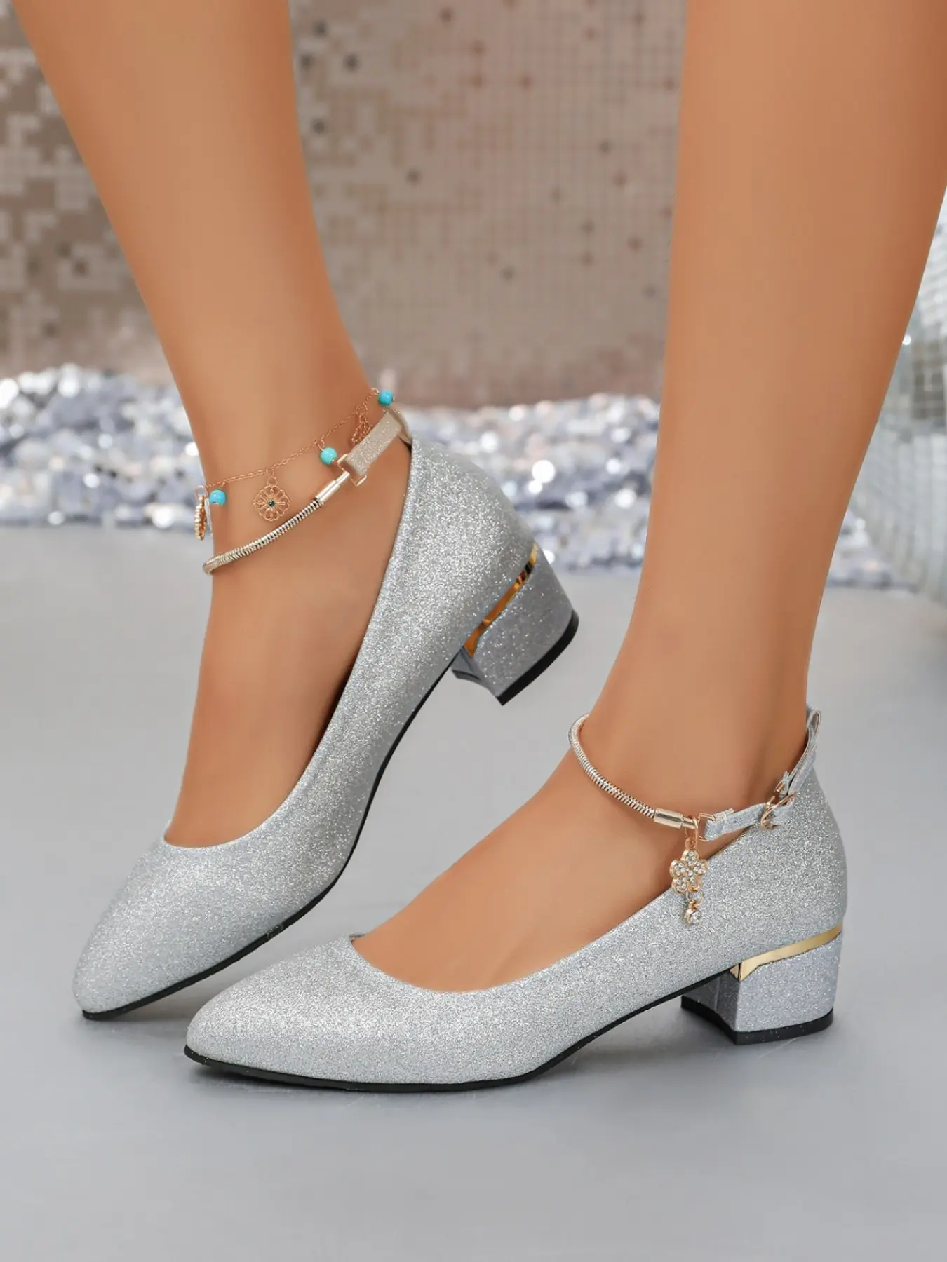 2026 New Silver Color Rhinestone Pointed Toe Low Heel Mary Jane Shoes, Stylish Comfortable Prom Footwear Wedding Party Dress Shoes, Elegant Evening Pumps