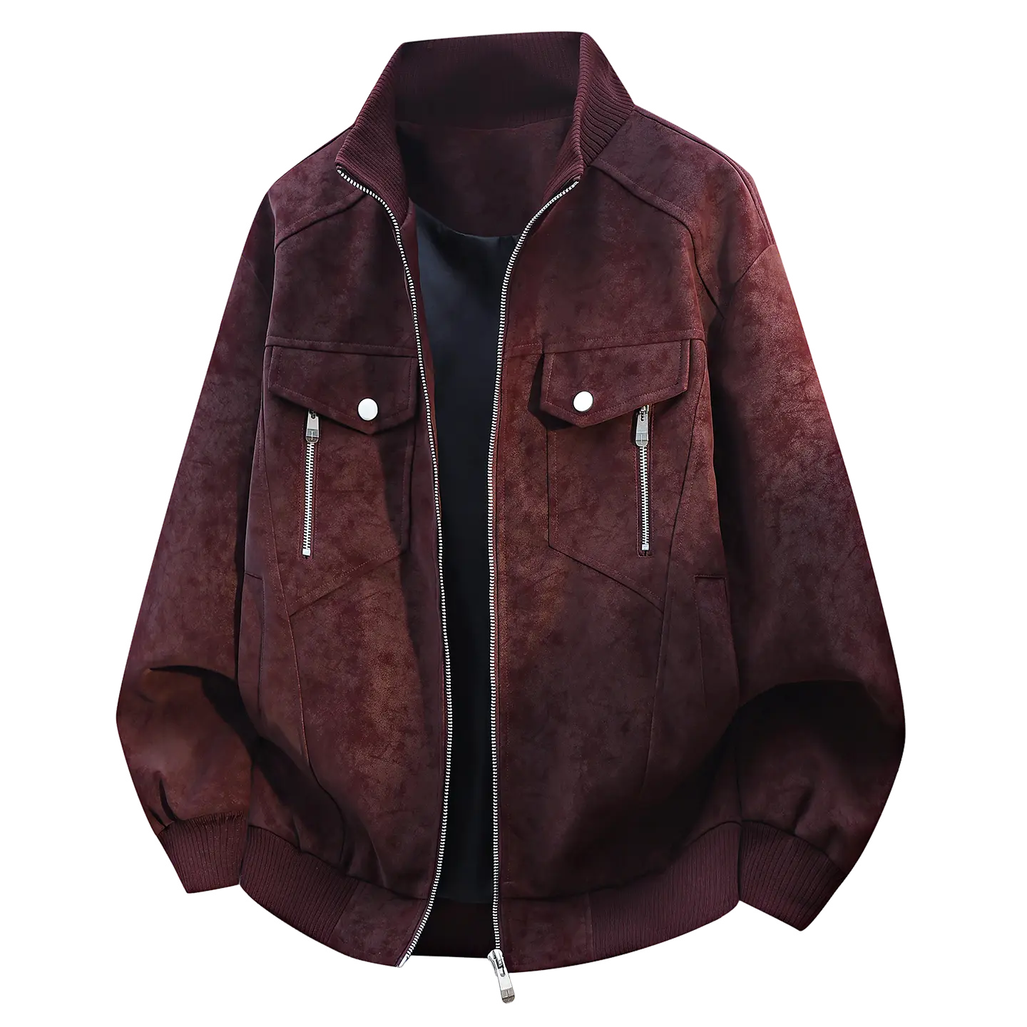 Men's Vintage Faux Suede Bomber Jacket Distressed Stand Ribbed Collar Zipper Coat Retro Chest Pockets Casual Outerwear Streetwear Male Clothing Apparel cozy soft cool clean chic active sporty casual premium classic stylish durable comfy vibe hype 4-Colors