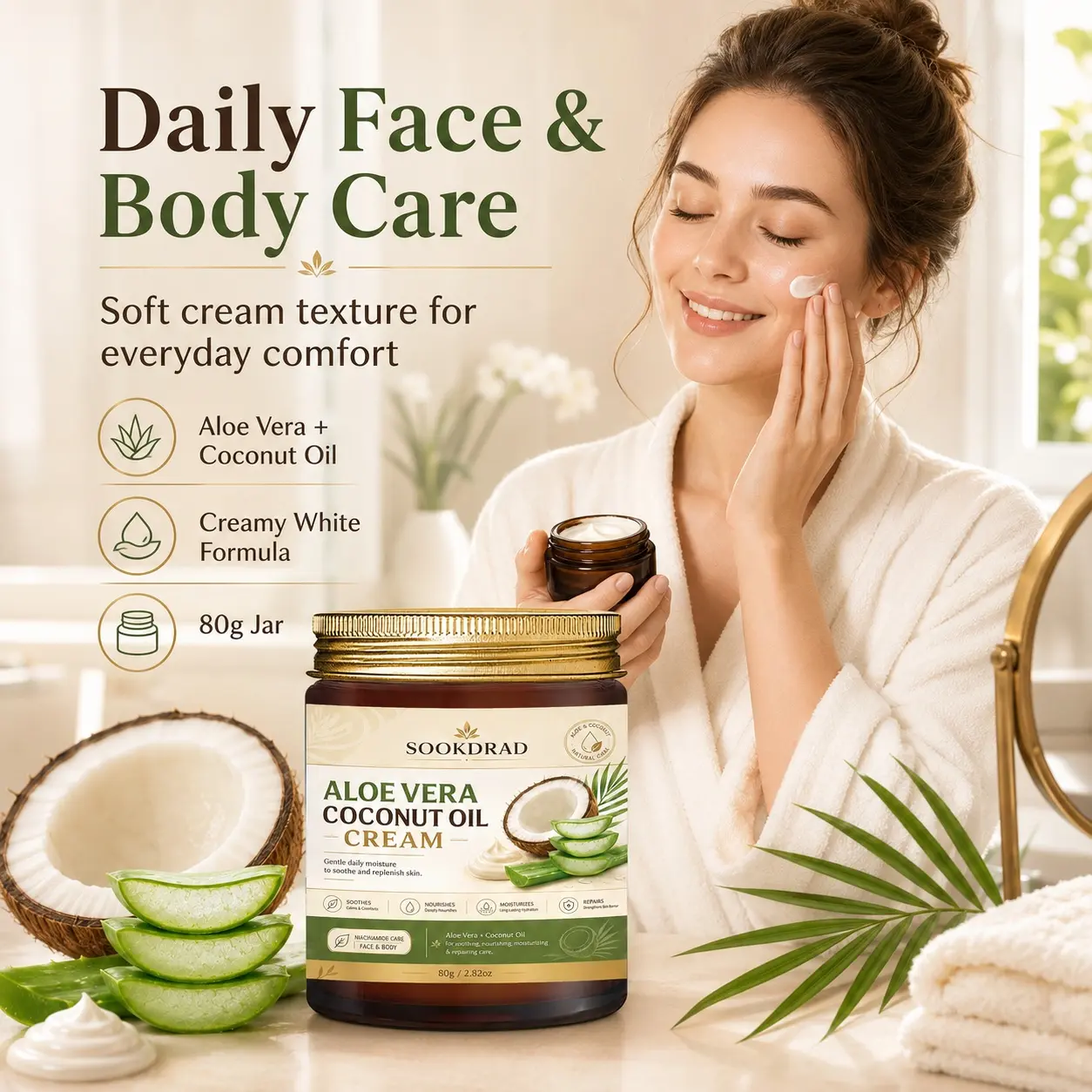 Aloe Vera Coconut Oil Cream, Aloe Vera, Coconut Oil, Niacinamide, soothing, nourishing, moisturizing, repairing, gentle daily moisture, for face and body, 80g/2.82oz