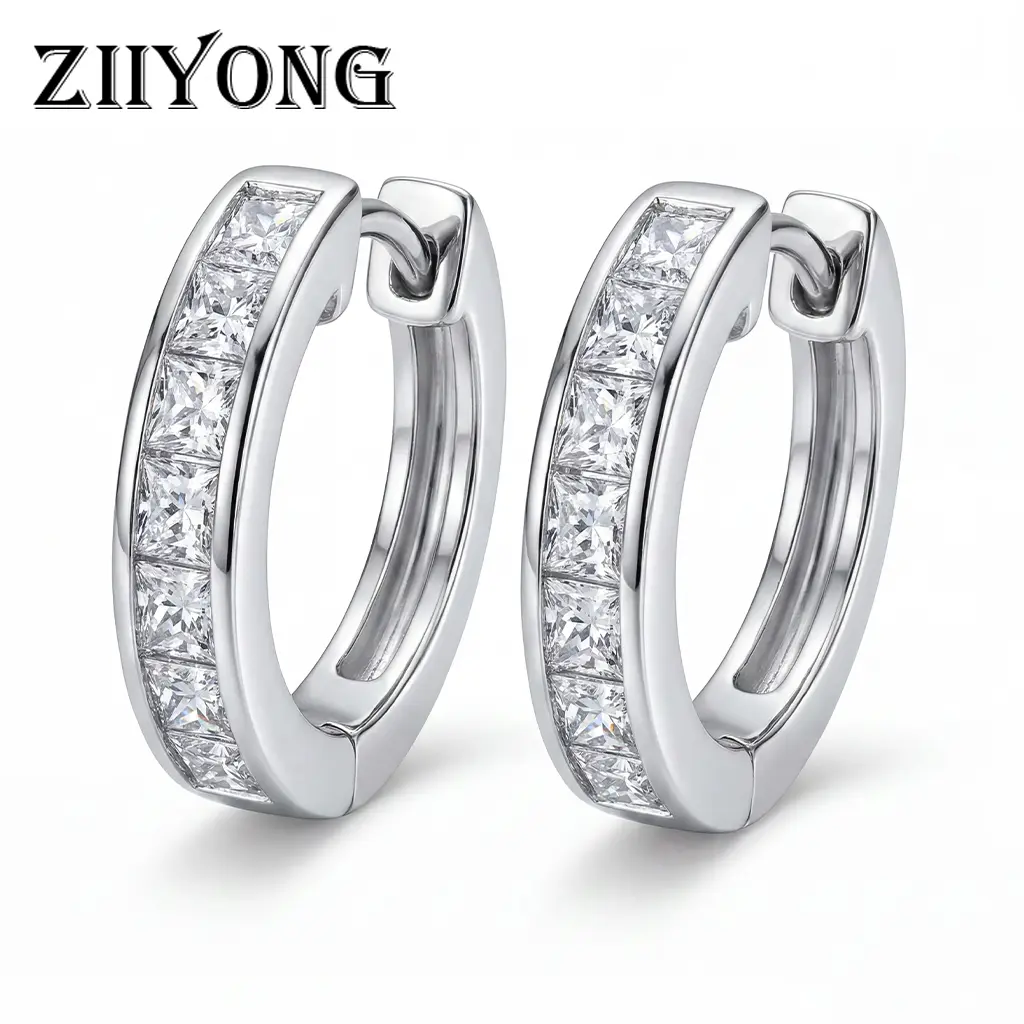 ZIIYONG Princess Cut Cubic Zirconia Huggie Hoop Earrings s925 Sterling Silver Hypoallergenic Classic Fine Jewelry For Women And Girls Perfect For Everyday Wear Birthday Gift Wedding Party And Elegant Evening Outfits Choices stud earring