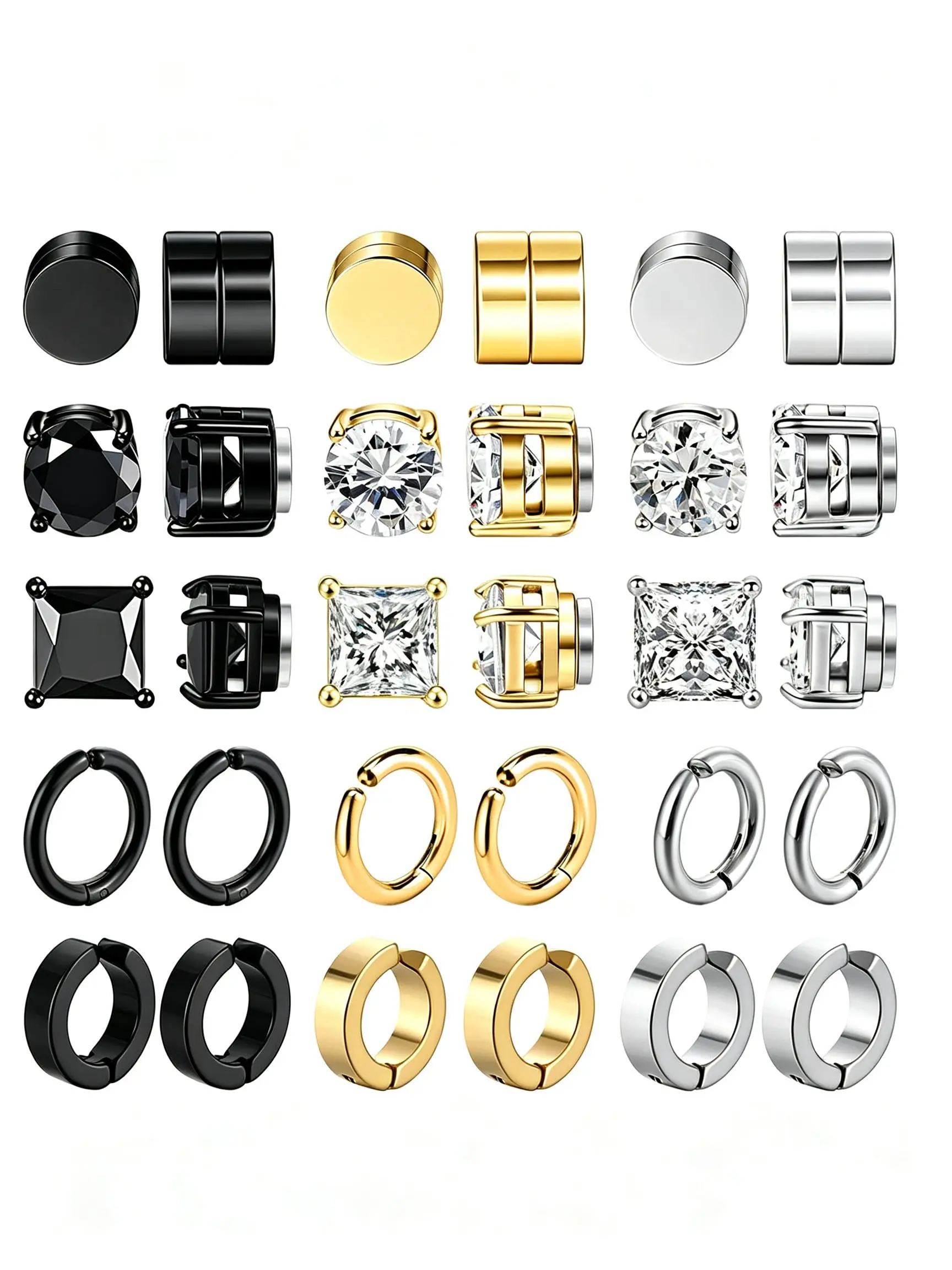 5Pairs 15Pairs Magnetic Clip On Earrings No Piercing, 316L Hypoallergenic Stainless Steel Earrings for Sensitive Ears Fake Ear Studs for Men Women, Round Cylinder Round/Square Zircon Huggie Hoop Non-Pierced Punk Ear Jewelry Daily Gift